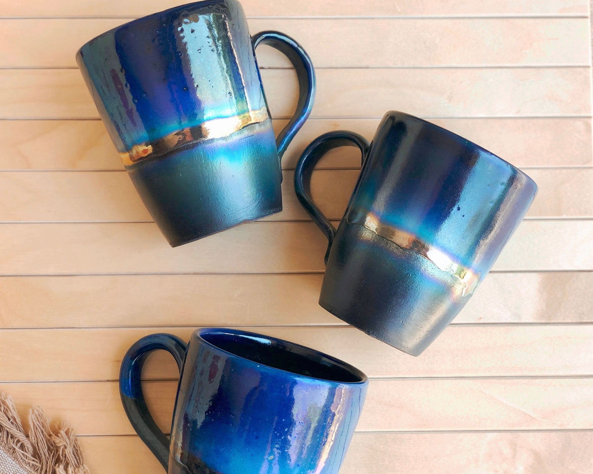 Black Mug with shades of Blue, and Gold Metallic Luster Stripe - Artistic Handmade Reduction Firing Pottery Mugs