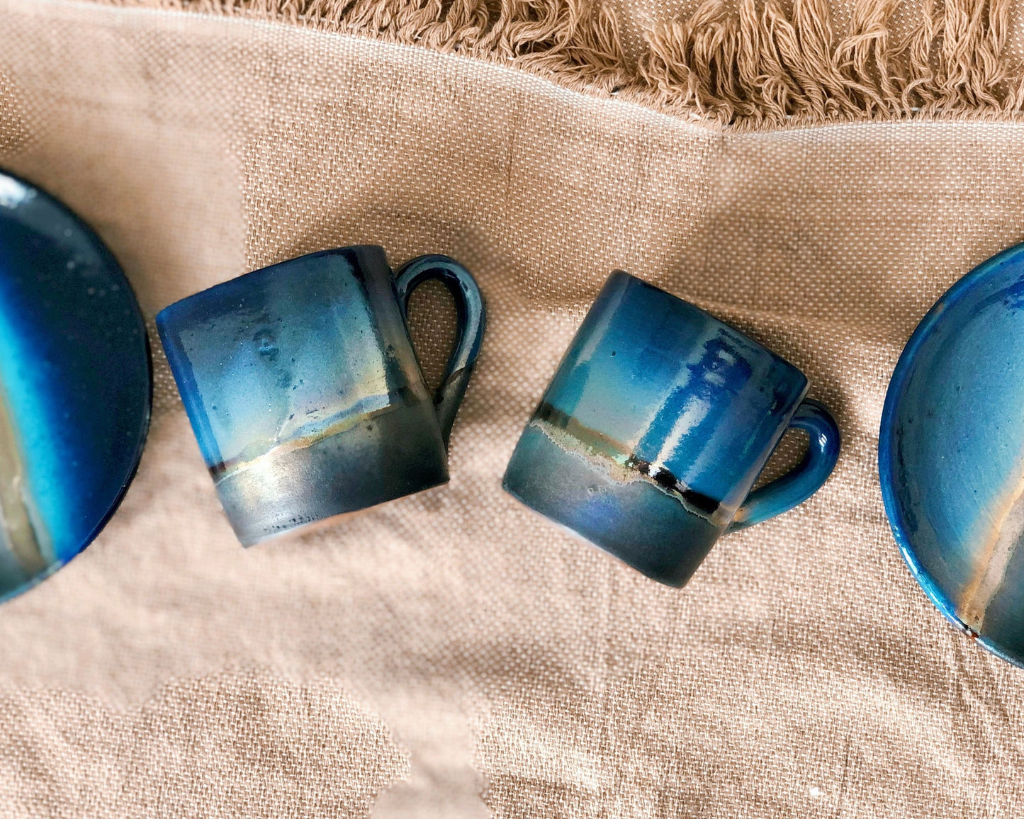 Black 'Turkish Coffee' Cup with with shades of Blue & Gold Metallic Luster Stripe - Artistic Handmade Reduction Firing Pottery/Ceramic Cups