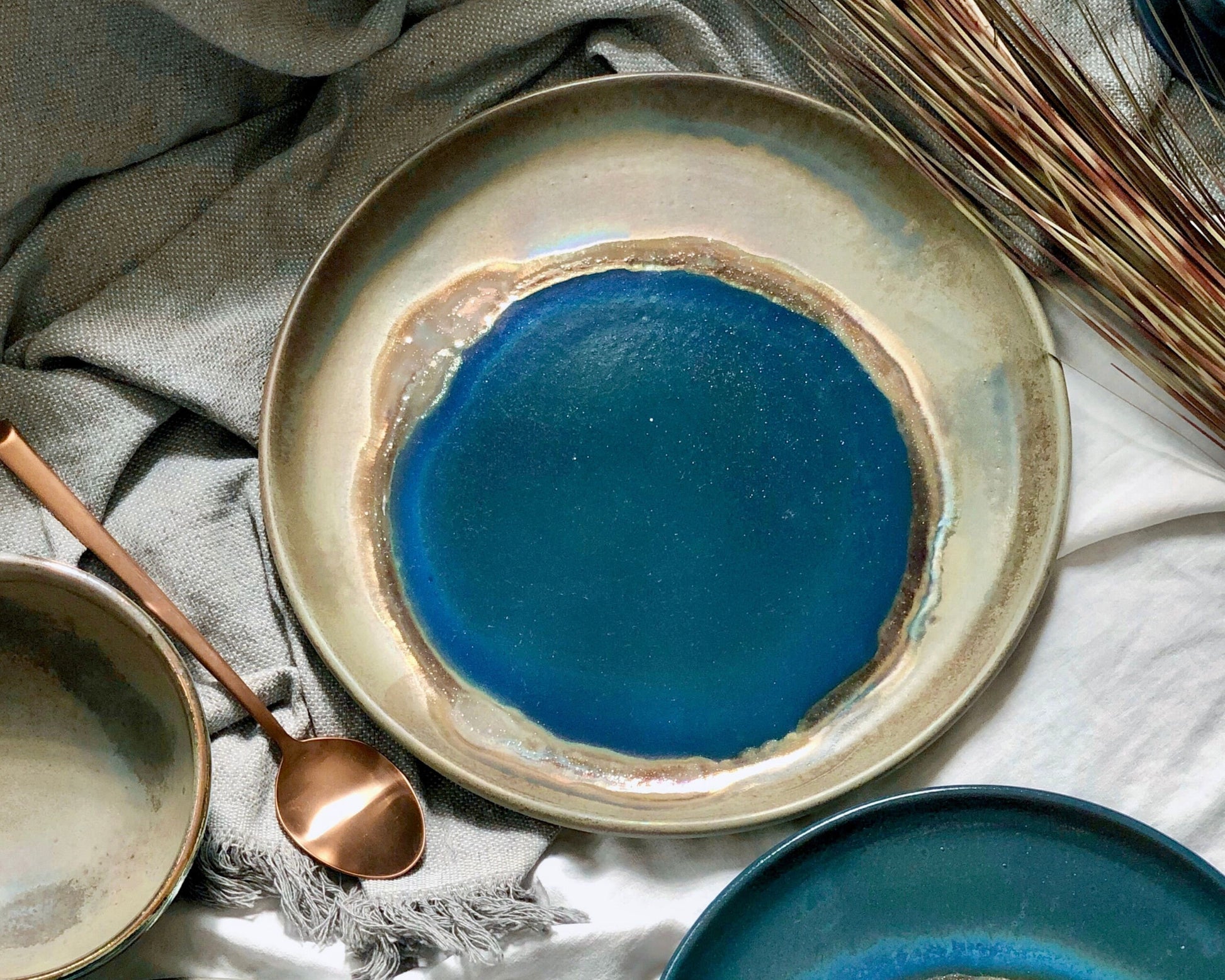 Green, Blue & Gold Dinner Plate Set | Rustic, Glossy Finish with Metallic Details | Artistic Unique Dinnerware | Ceramic Pottery Artisanal