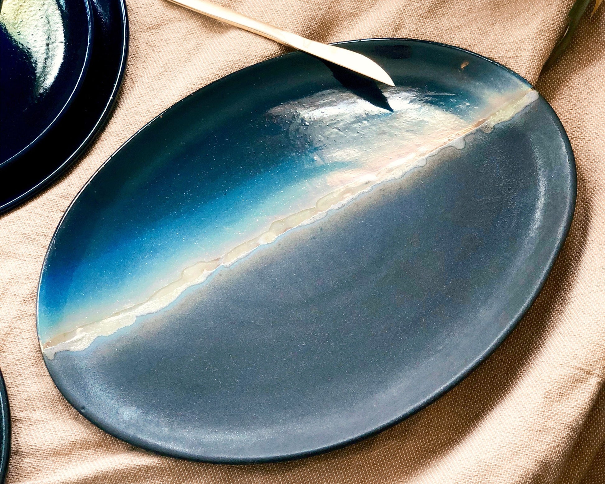 Black Serving Platter with shades of Blue, and Gold Metallic Luster Stripe - Artistic Handmade Reduction Firing Ceramic Serveware