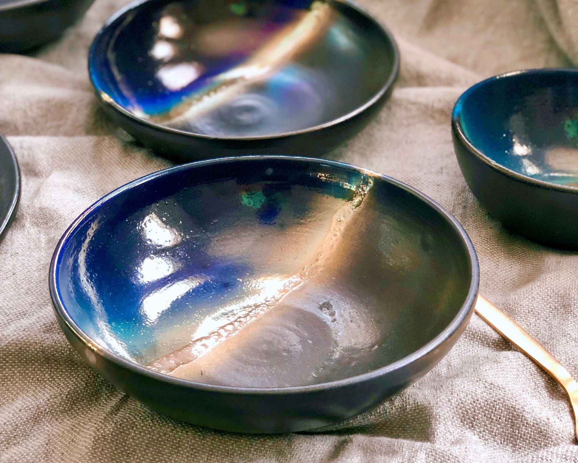 Black Plates & Bowls Sets with Blue Infusions, and Gold Metallic Luster Stripe - Artistic Handmade Crockery Dinnerware Dishware