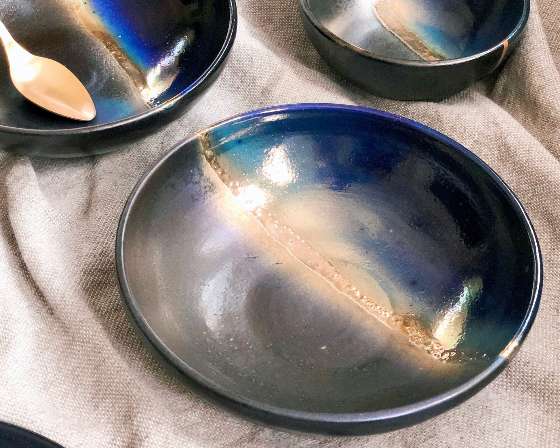 Black Plates & Bowls Sets with Blue Infusions, and Gold Metallic Luster Stripe - Artistic Handmade Crockery Dinnerware Dishware