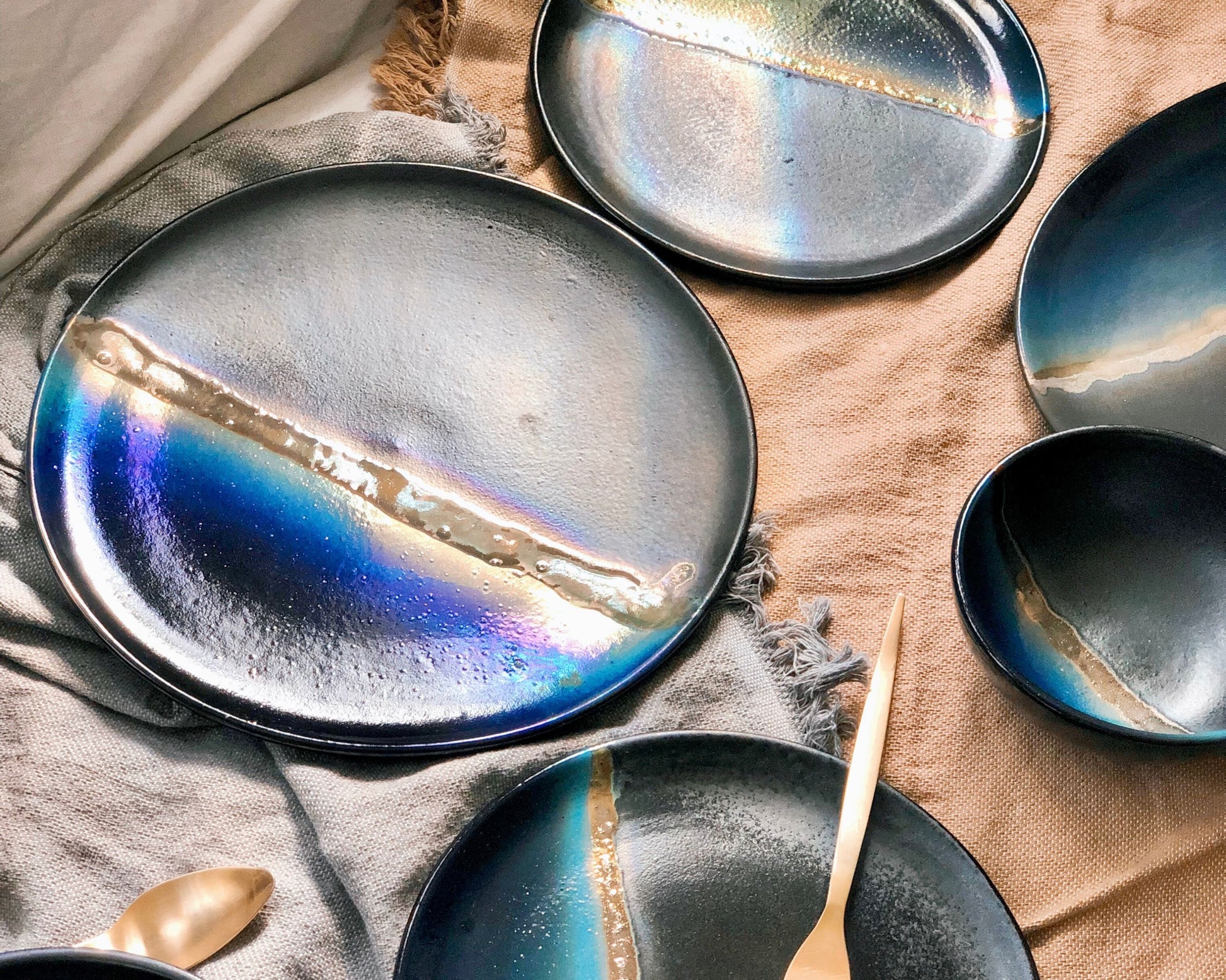 Black Plates & Bowls Sets with Blue Infusions, and Gold Metallic Luster Stripe - Artistic Handmade Crockery Dinnerware Dishware