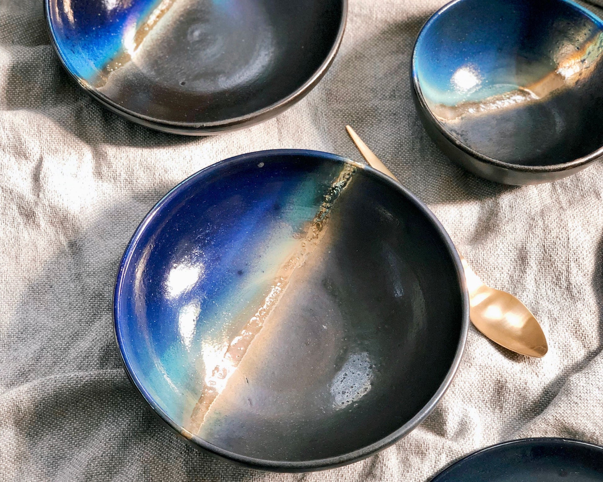 Black Plates & Bowls Sets with Blue Infusions, and Gold Metallic Luster Stripe - Artistic Handmade Crockery Dinnerware Dishware