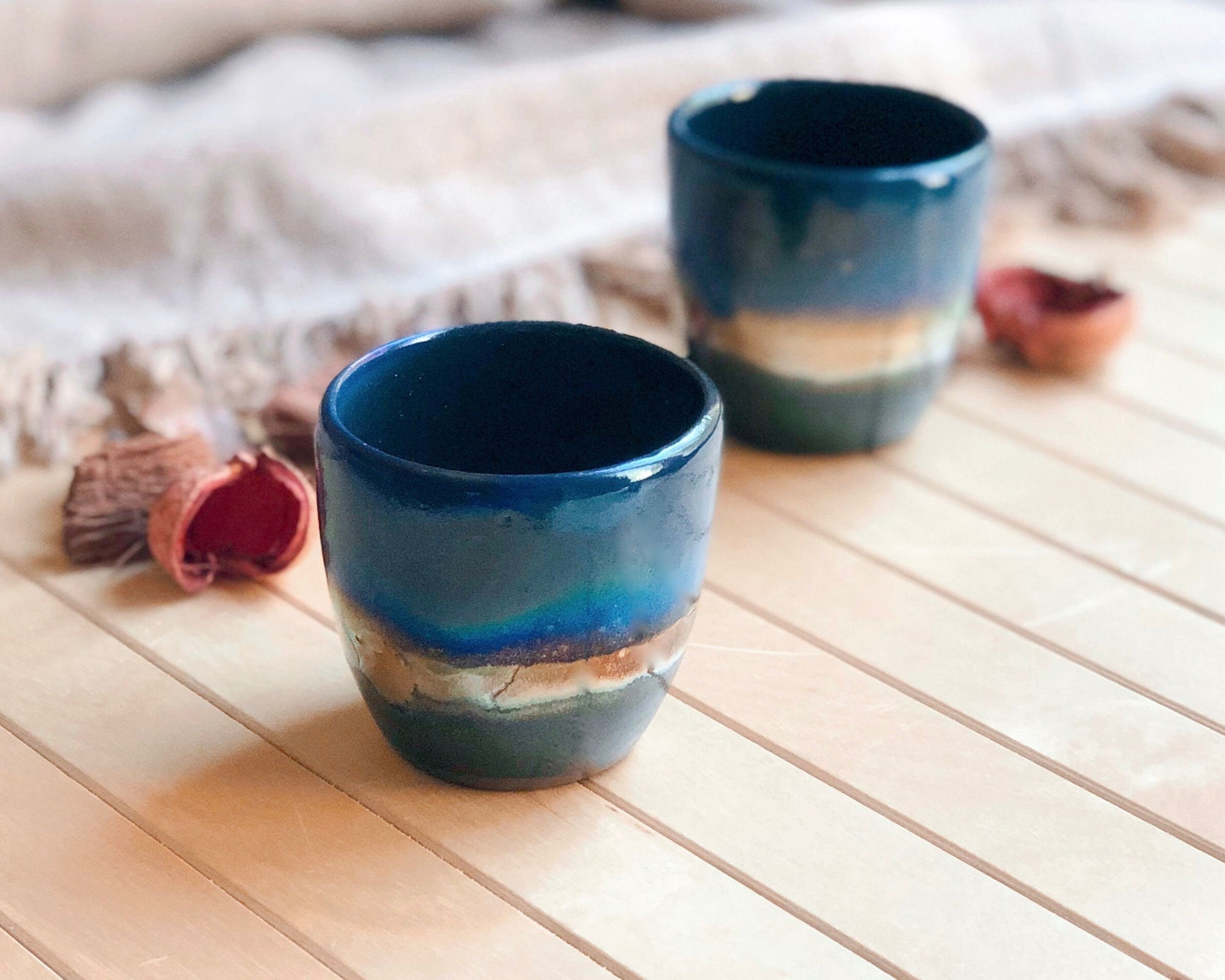 Black Coffee/Espresso Handleless Cup/Mug with with shades of Blue, and Gold Metallic Stripe - Artistic Handmade Reduction Firing Pottery