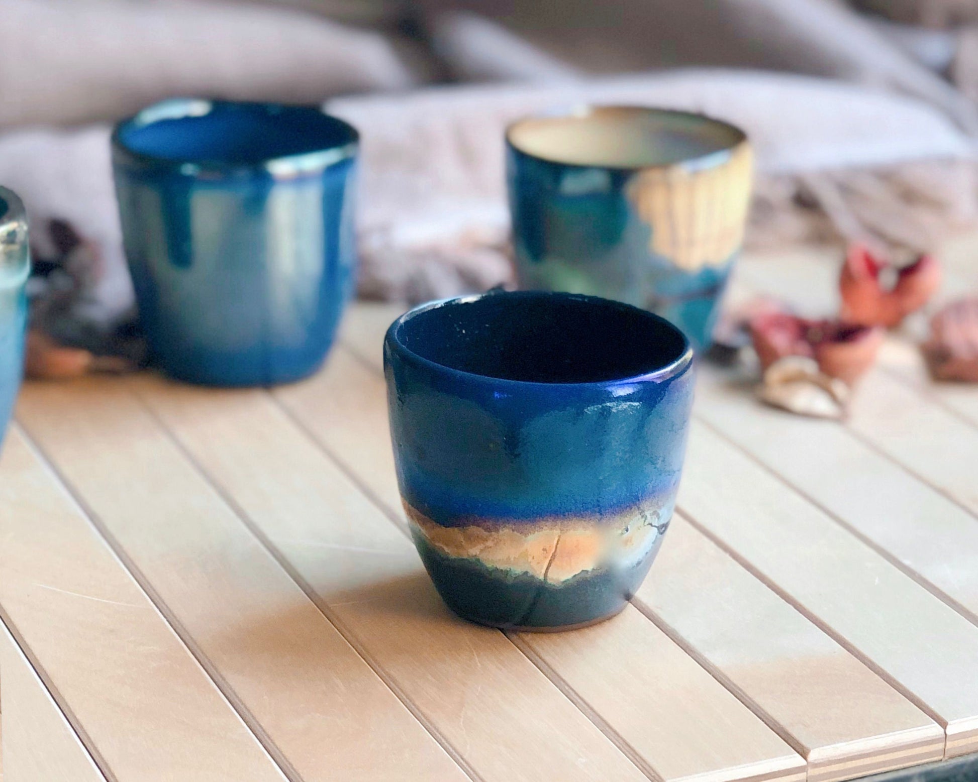 Black Coffee/Espresso Handleless Cup/Mug with with shades of Blue, and Gold Metallic Stripe - Artistic Handmade Reduction Firing Pottery