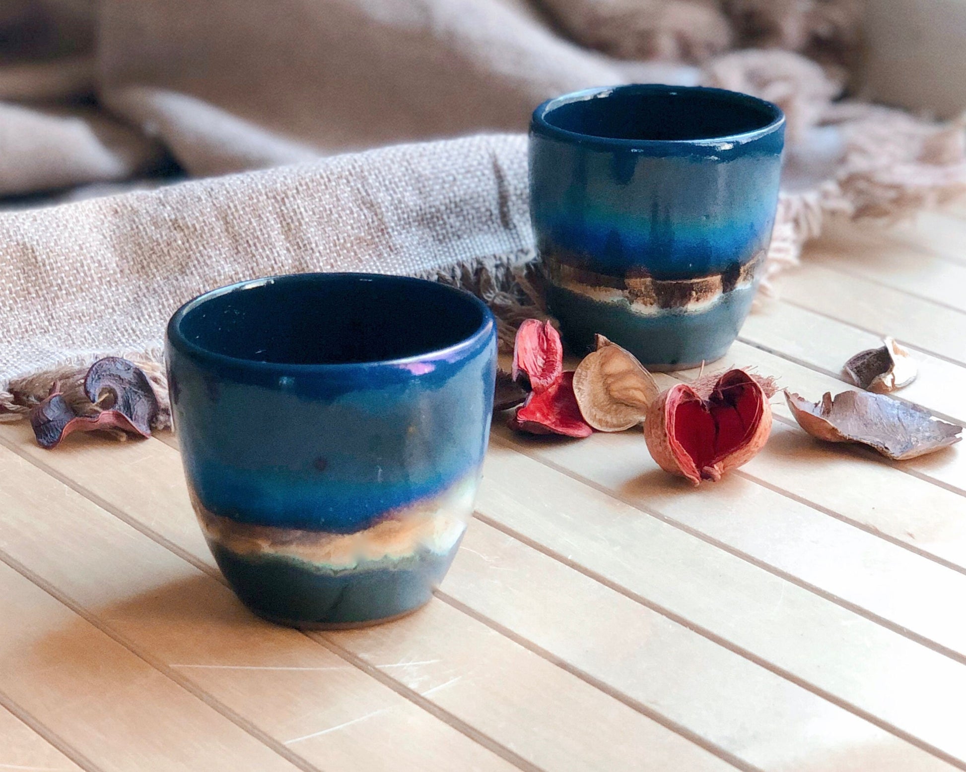 Black Coffee/Espresso Handleless Cup/Mug with with shades of Blue, and Gold Metallic Stripe - Artistic Handmade Reduction Firing Pottery