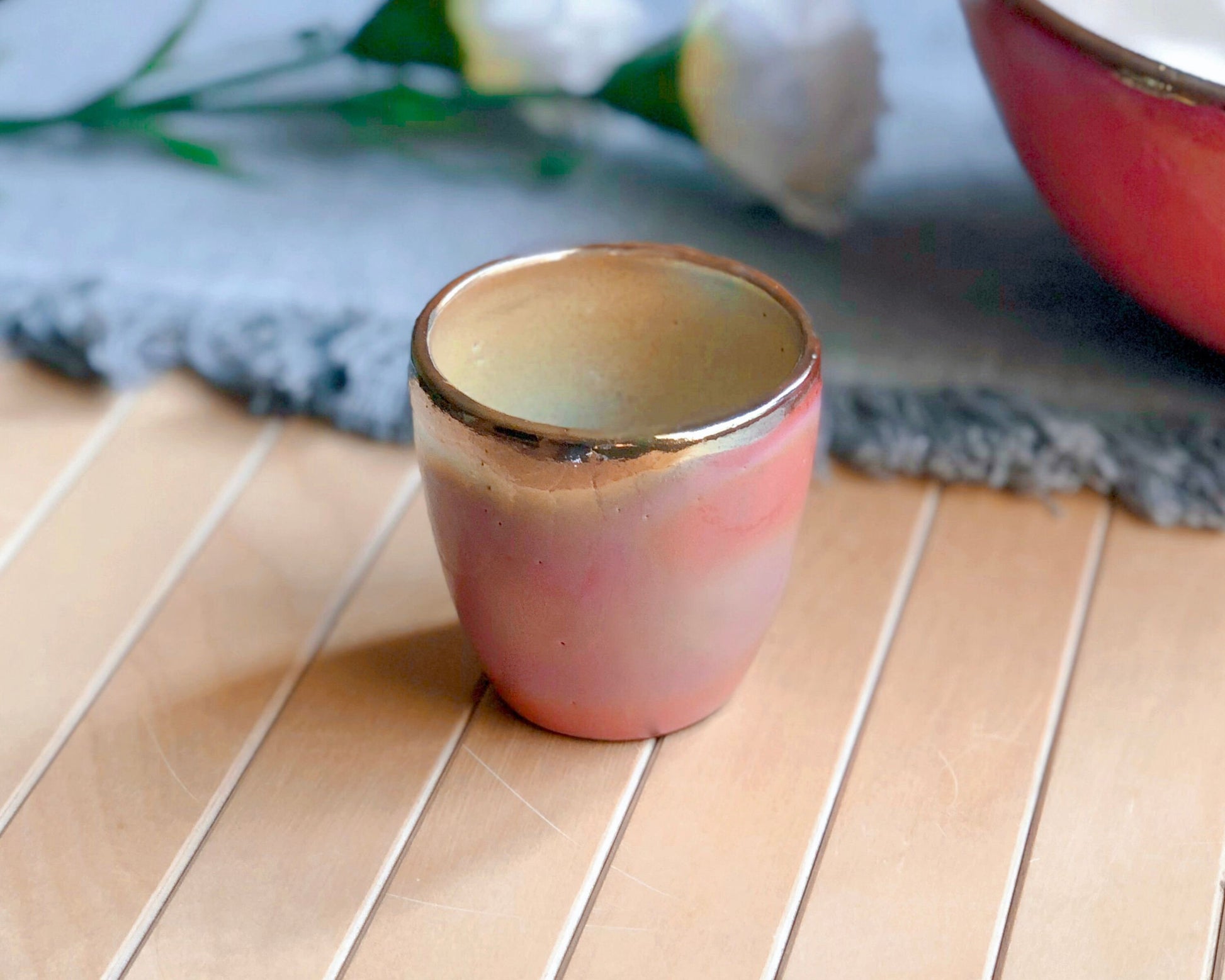 Pink Coffee/Espresso Handleless Cup/Mug with Glossy Glazing and Gold Metallic Rim - Artistic Handmade Reduction Firing Pottery