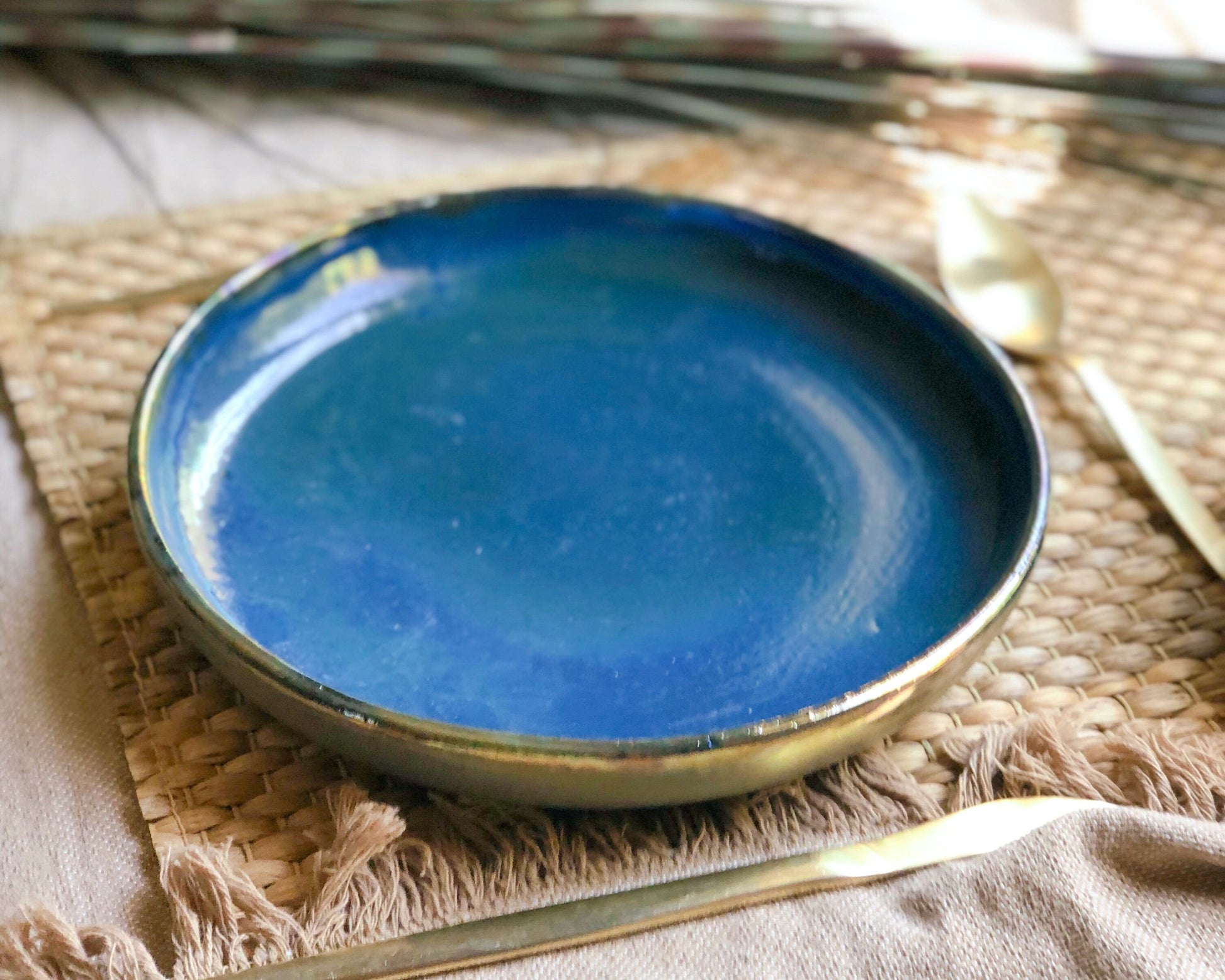 Set of 2 Peacock Blue Deep Plates with Metallic Rim and Faded Rustic Green Exterior - Artistic Handmade Pottery/Ceramic Dinnerware Crockery