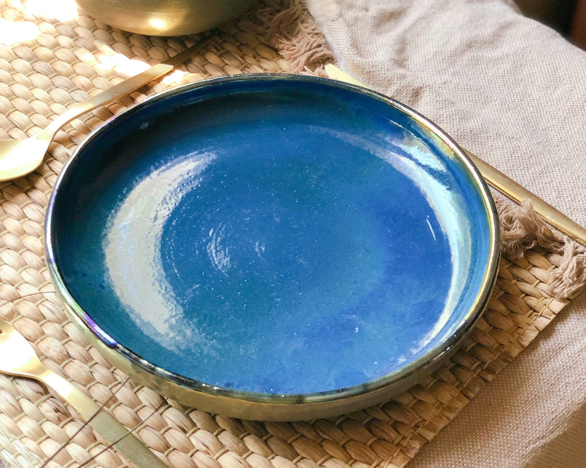 Set of 2 Peacock Blue Deep Plates with Metallic Rim and Faded Rustic Green Exterior - Artistic Handmade Pottery/Ceramic Dinnerware Crockery