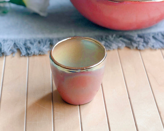 Pink Coffee/Espresso Handleless Cup/Mug with Glossy Glazing and Gold Metallic Rim - Artistic Handmade Reduction Firing Pottery