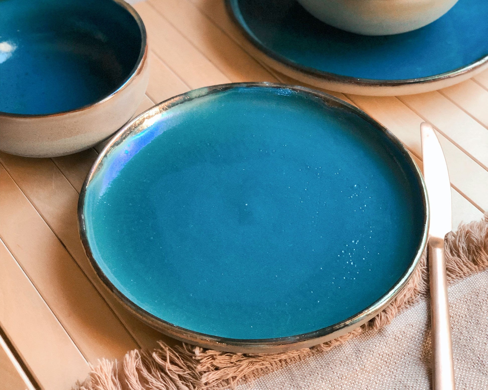 Set of 2 Peacock Blue Deep Plates with Metallic Rim and Faded Rustic Green Exterior - Artistic Handmade Pottery/Ceramic Dinnerware Crockery