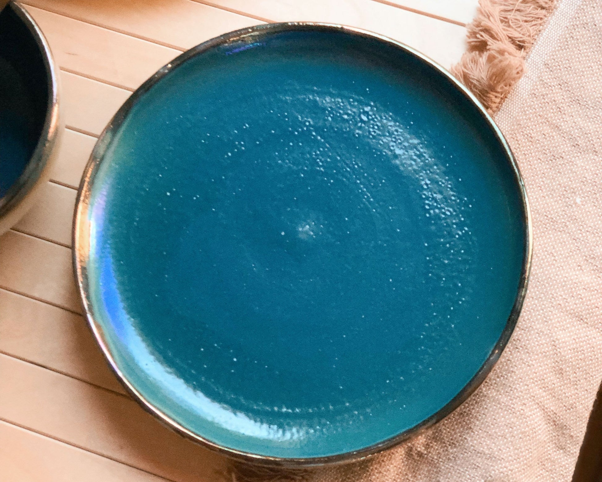 Set of 2 Peacock Blue Deep Plates with Metallic Rim and Faded Rustic Green Exterior - Artistic Handmade Pottery/Ceramic Dinnerware Crockery