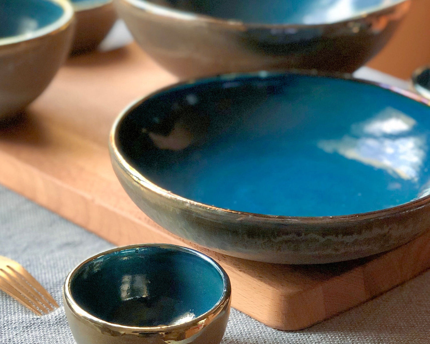 Peacock Blue Pasta Bowls Set | Metallic Gold Rim & Matt Rustic Green Exterior | Elegant Artistic Handmade Ceramic Dinnerware