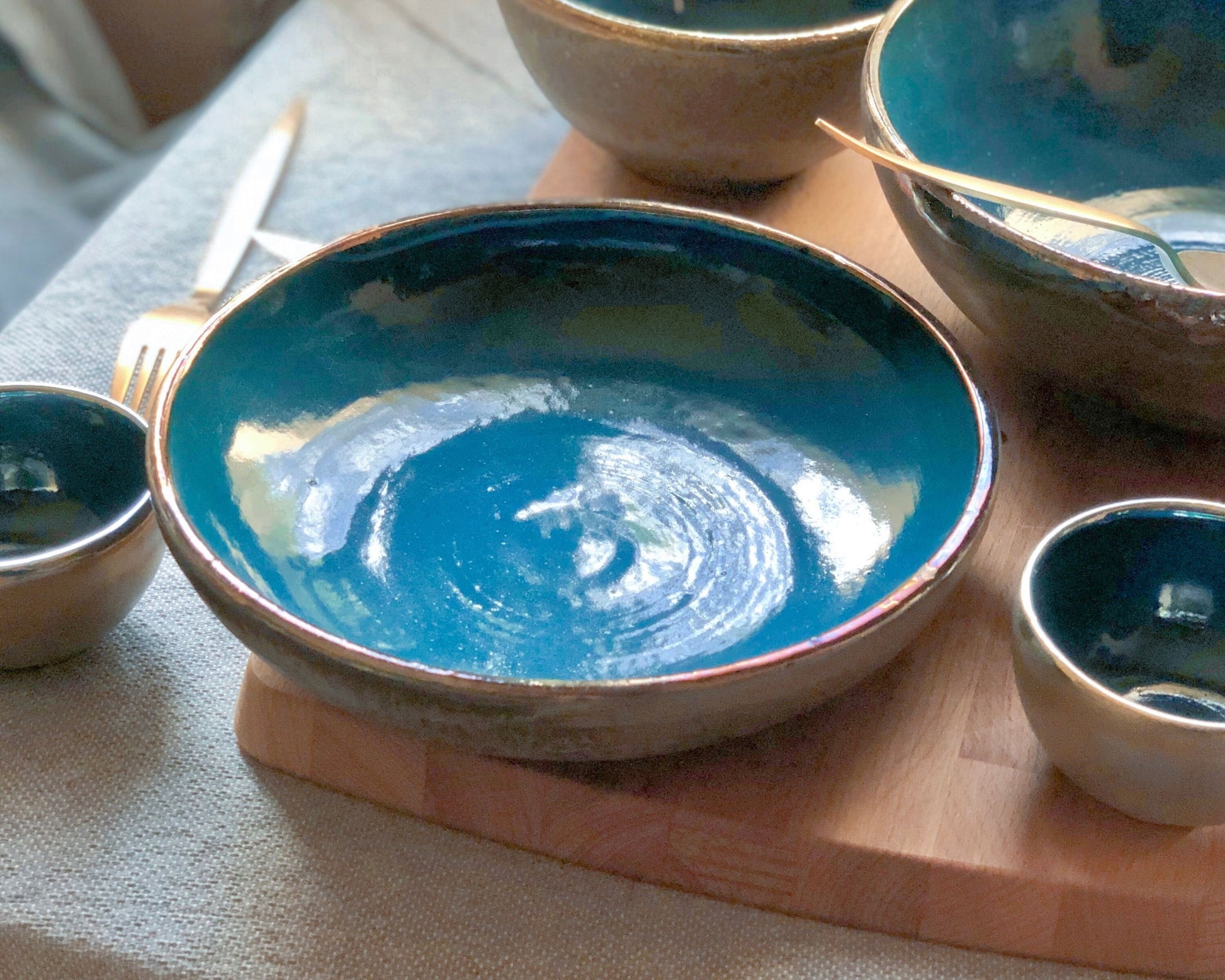 Peacock Blue Pasta Bowls Set | Metallic Gold Rim & Matt Rustic Green Exterior | Elegant Artistic Handmade Ceramic Dinnerware