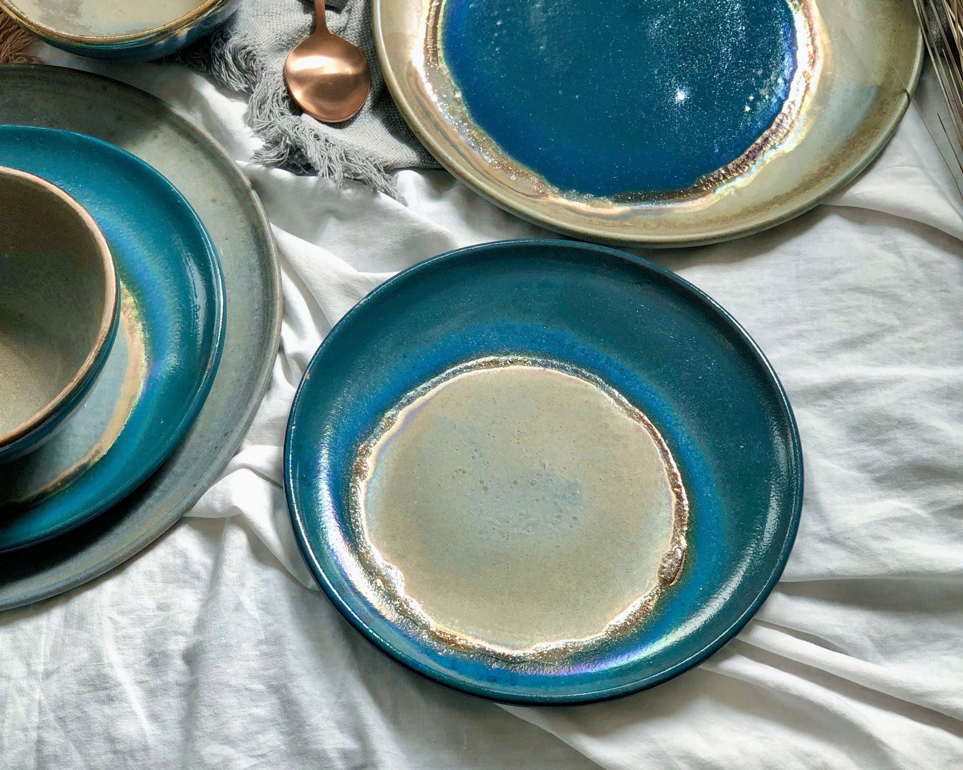 Blue Medium Plate | with Green & Gold Art | For Desserts and Salads | Glossy, Rustic, and Metallic Finish | Artisanal Handmade Dinner Set