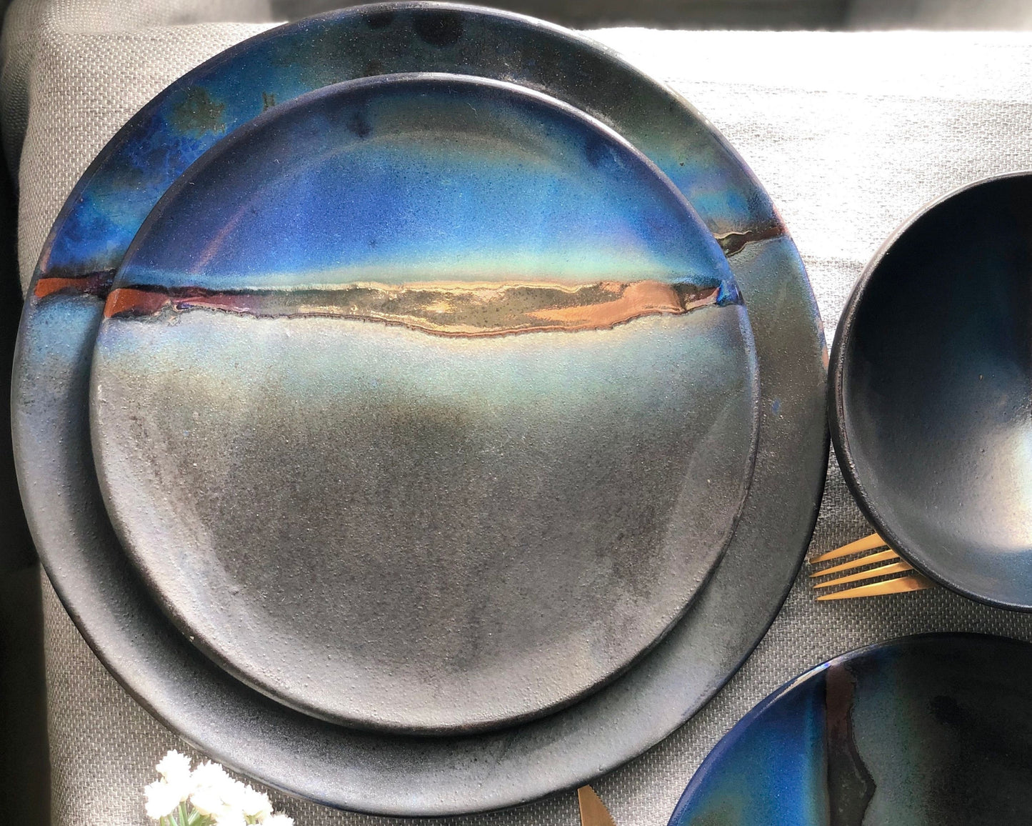 Black Dinner Plate Set with shades of Blue, and Gold Metallic Luster Stripe - Artistic Handmade Reduction Firing Pottery/Ceramic Dinnerware