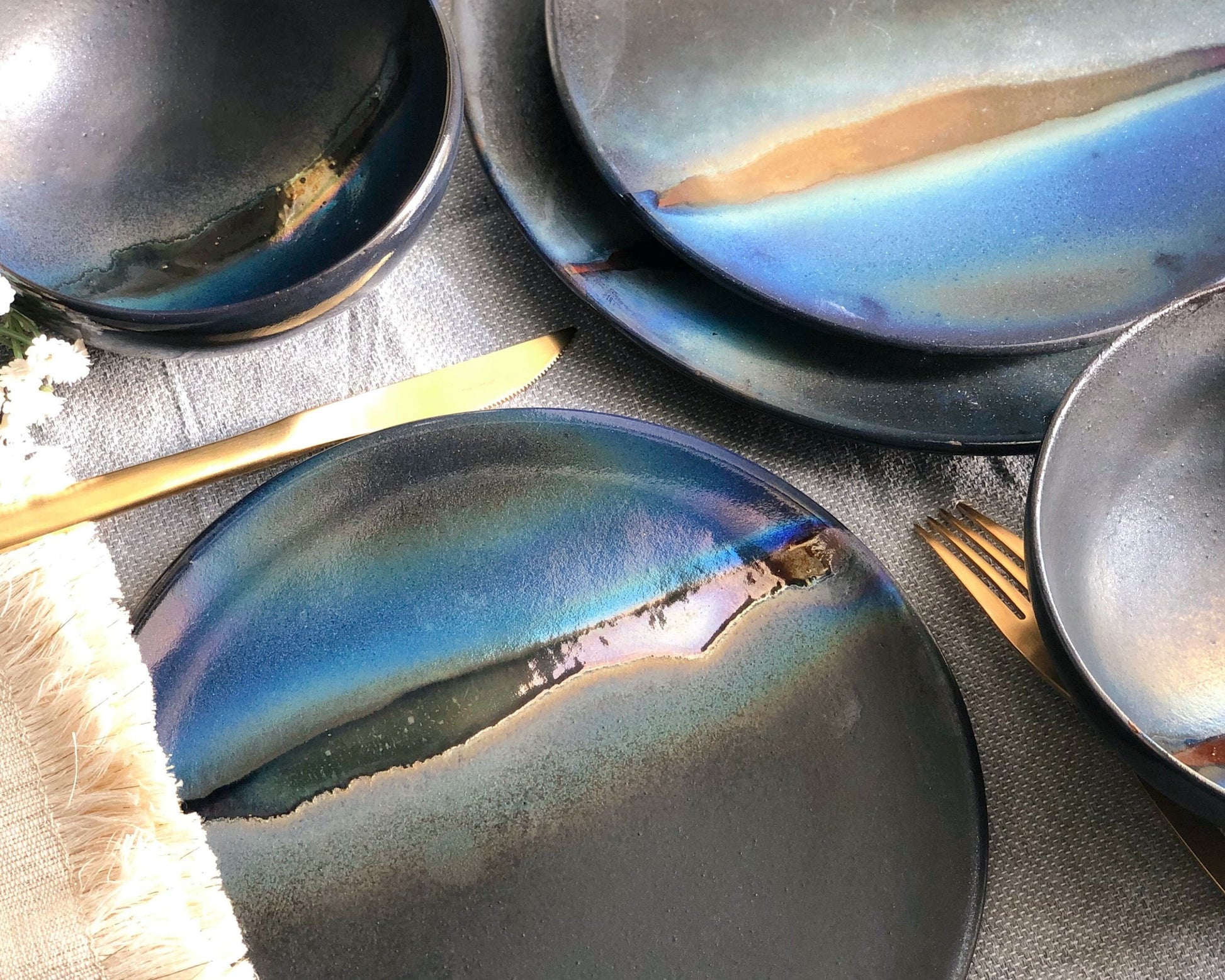 Black Plates & Bowls Sets with Blue Infusions, and Gold Metallic Luster Stripe - Artistic Handmade Crockery Dinnerware Dishware