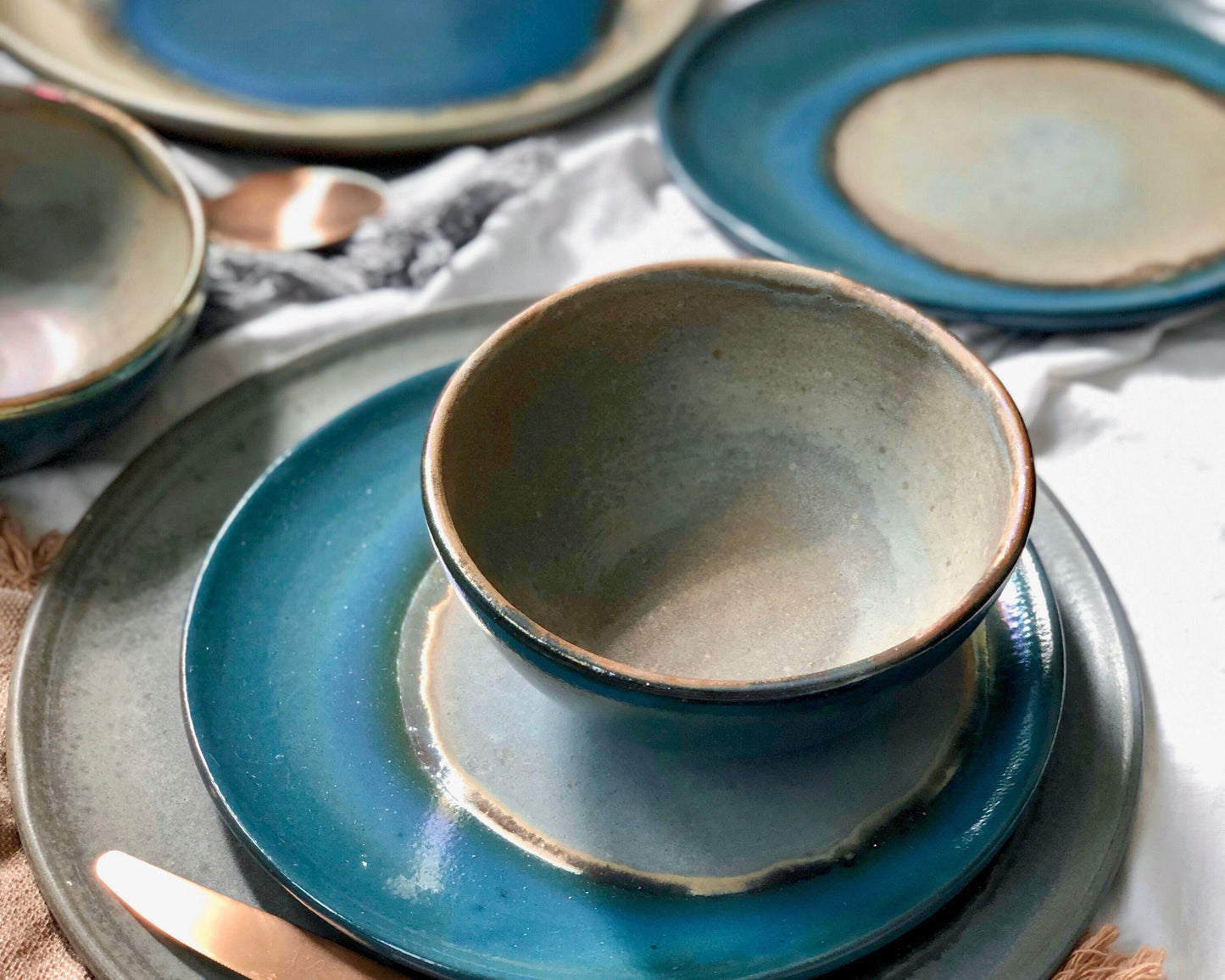 Blue Medium Plate | with Green & Gold Art | For Desserts and Salads | Glossy, Rustic, and Metallic Finish | Artisanal Handmade Dinner Set