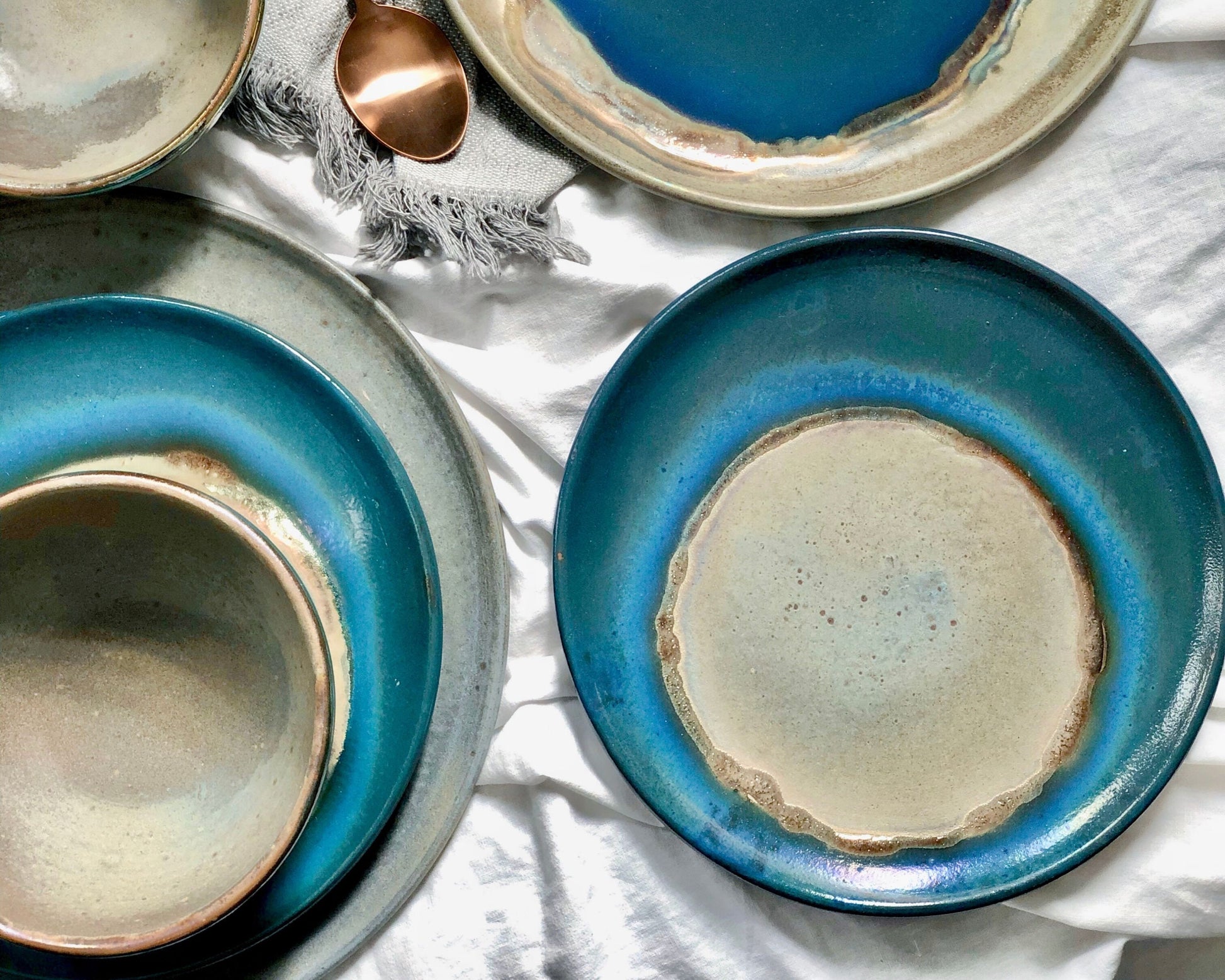 Blue Medium Plate | with Green & Gold Art | For Desserts and Salads | Glossy, Rustic, and Metallic Finish | Artisanal Handmade Dinner Set