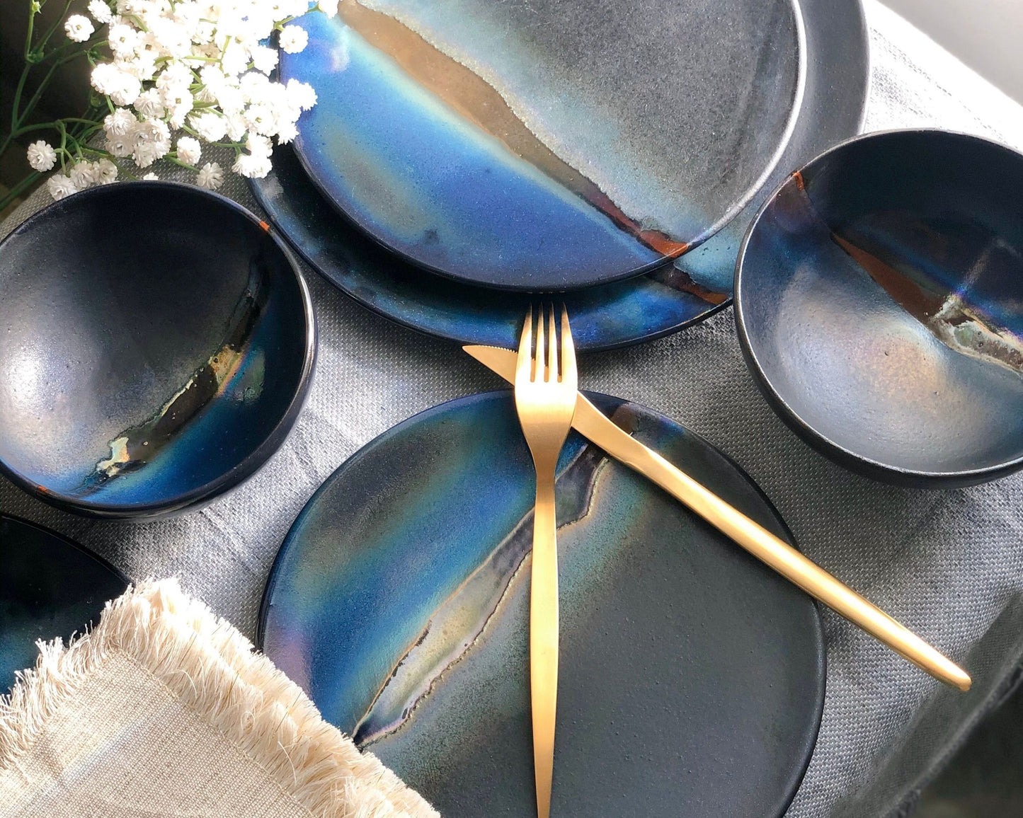 Black & Gold Dinner Set | with Blue Gradient, and Gold Metallic Luster Stripe | Artisanal Handmade Crockery Unique Dinnerware Artisan-Made