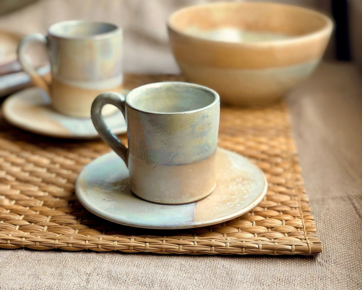 Beige & Cream Cup and Saucer Set | For Turkish, Arabic Coffee, or Espresso | with Rustic and Pearly iridescent luster finish | Artisanal Cup