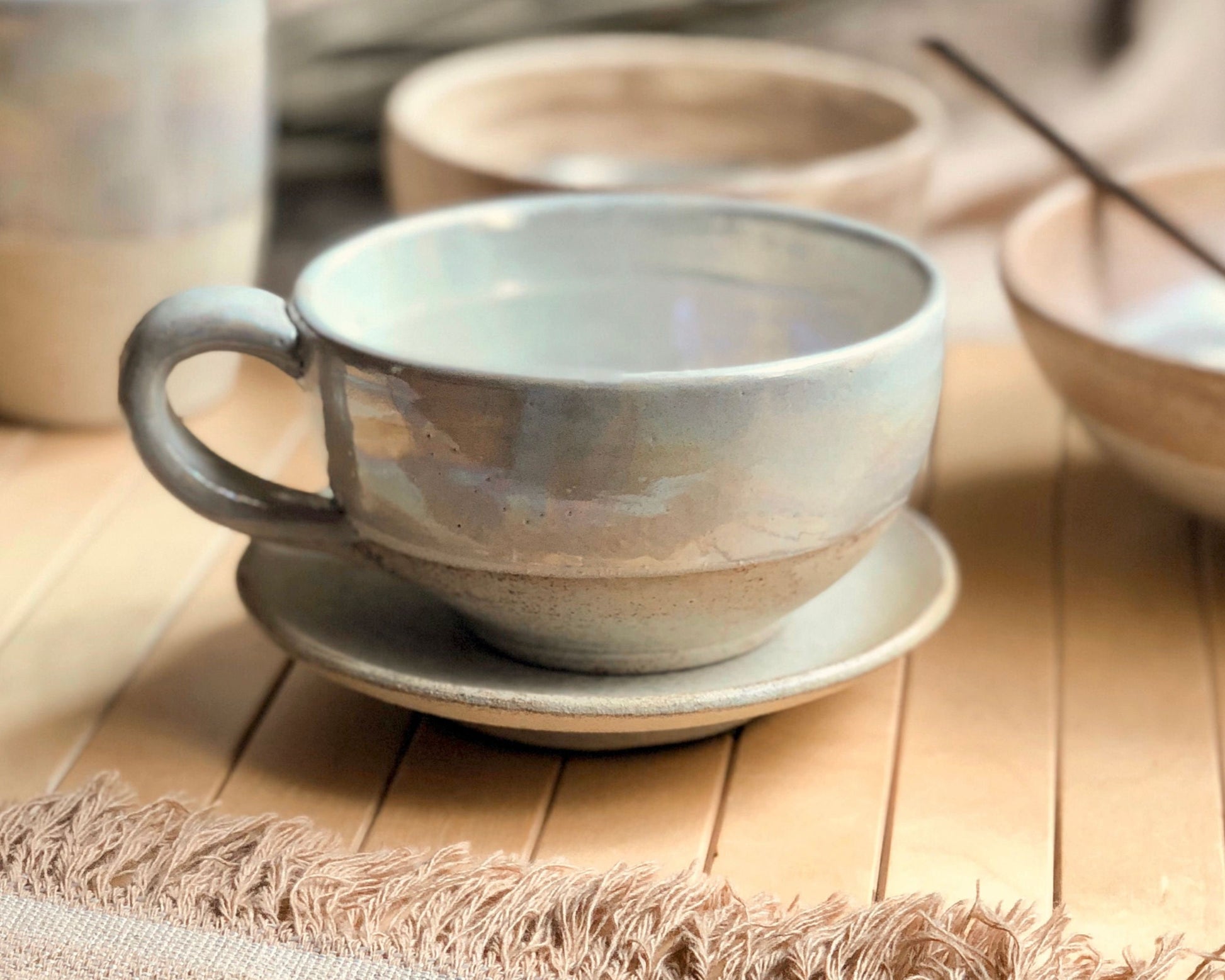 Beige Cup & Saucer Set | Cream, Pearly Iridescent and Rustic Glazing | Cappuccino/Lattee/Coffee Cup