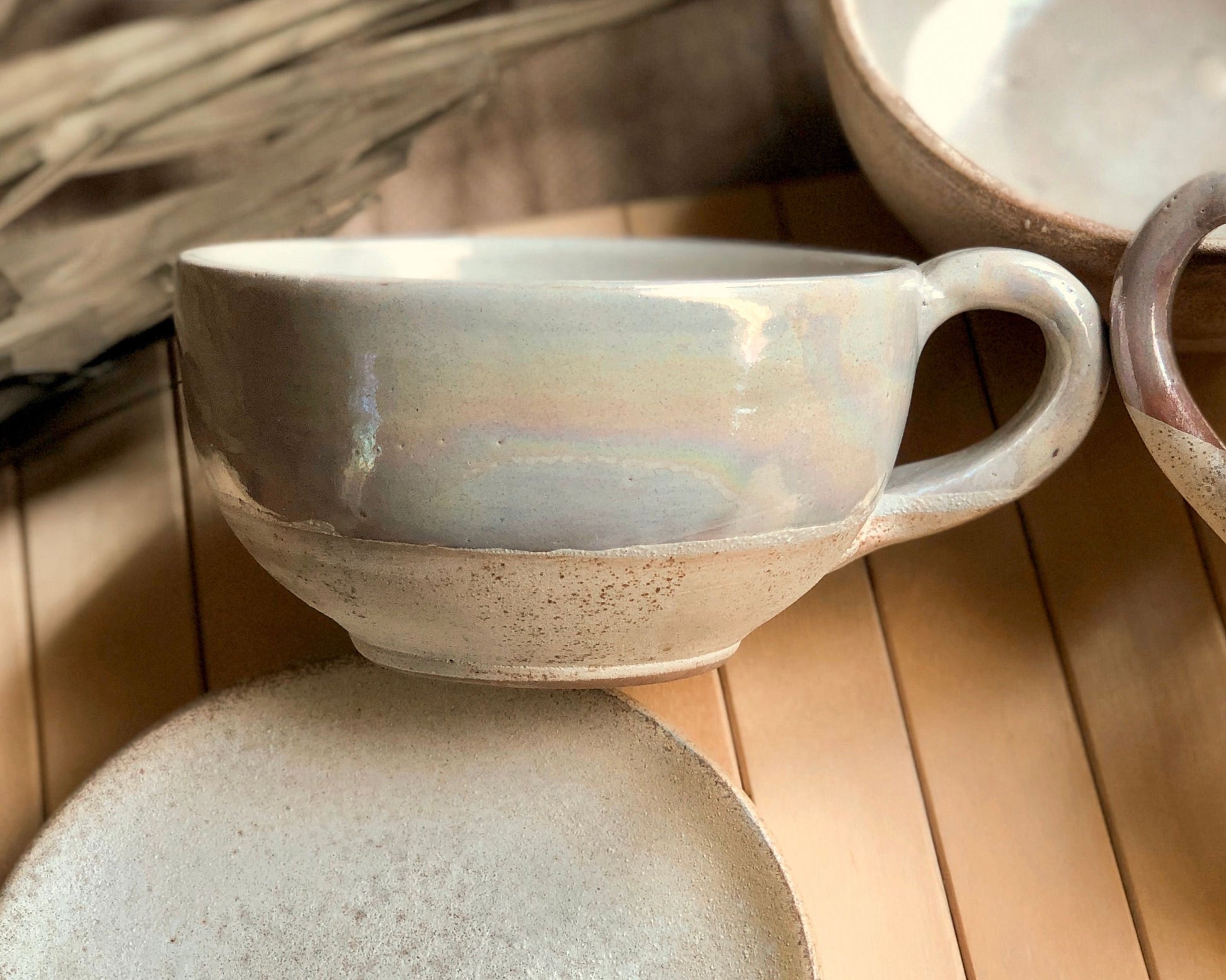 Beige Cup & Saucer Set | Cream, Pearly Iridescent and Rustic Glazing | Cappuccino/Lattee/Coffee Cup