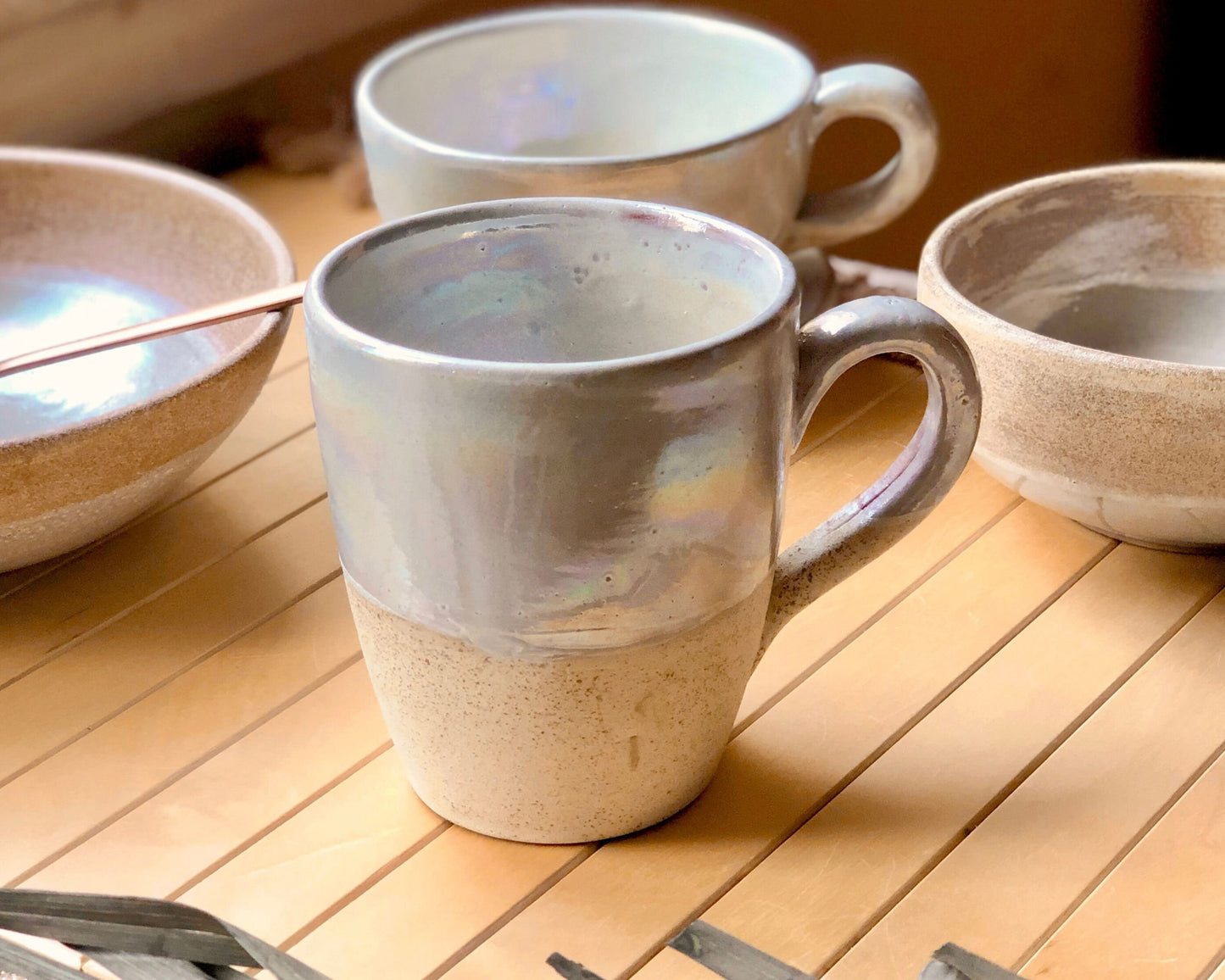 Pearly Beige Mug | With Cream rustic and Off-White iridescent luster finish | Unique Artistic Handmade Ceramic Coffee Latte Cappuccino Cups