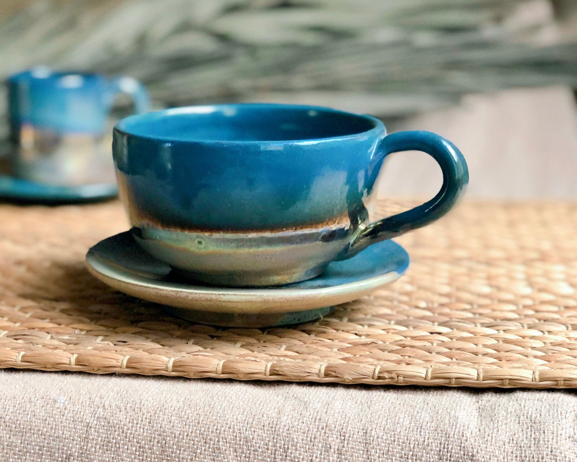 Faded Green & Peacock Blue Cappuccino Cup with Gold Metallic Luster Details and Glazing - Artistic Reduction Firing Drinkware