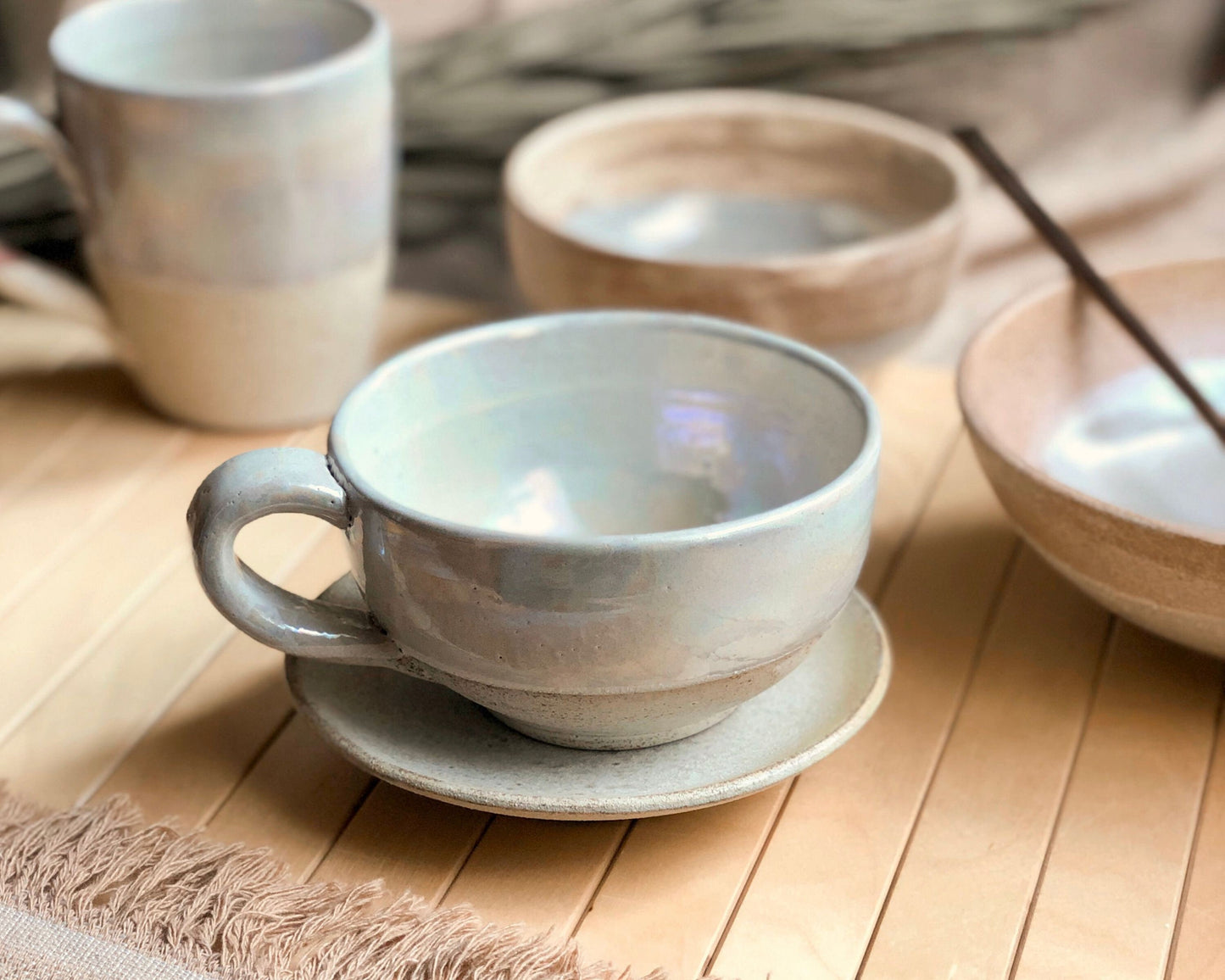 Beige Cup & Saucer Set | Cream, Pearly Iridescent and Rustic Glazing | Cappuccino/Lattee/Coffee Cup