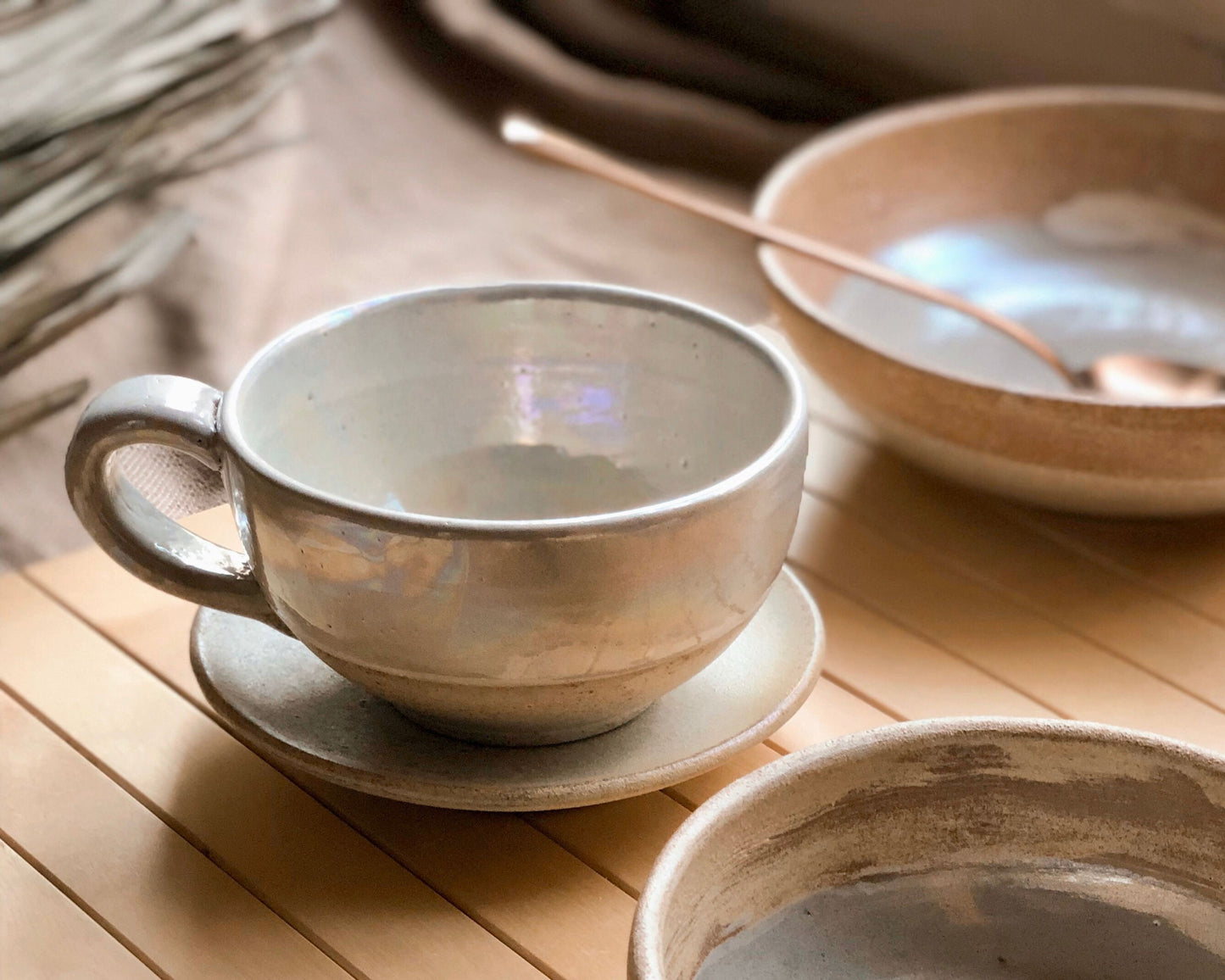 Beige Cup & Saucer Set | Cream, Pearly Iridescent and Rustic Glazing | Cappuccino/Lattee/Coffee Cup