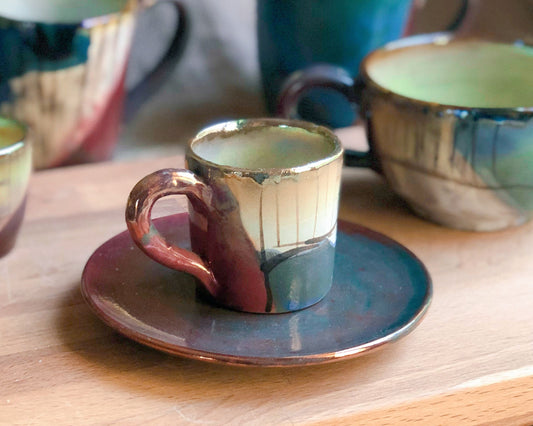 Artistic Cup & Saucer Set | for Arabic/Turkish Coffee or Espresso | featuring Multi-Color Art and Metallic Highlights | Holiday Gift