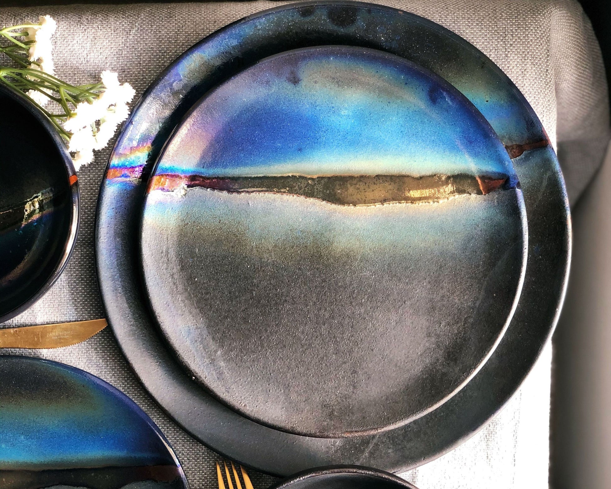 Black Dinner Plate Set with shades of Blue, and Gold Metallic Luster Stripe - Artistic Handmade Reduction Firing Pottery/Ceramic Dinnerware