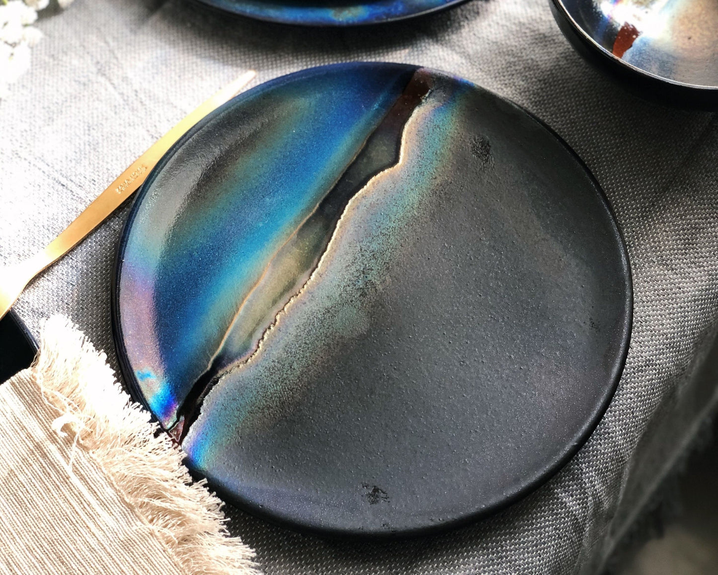 Black Salad/Dessert Plate with shades of Blue & Gold Metallic Luster Stripe - Artistic Handmade Reduction Firing Ceramic/Pottery Dinnerware