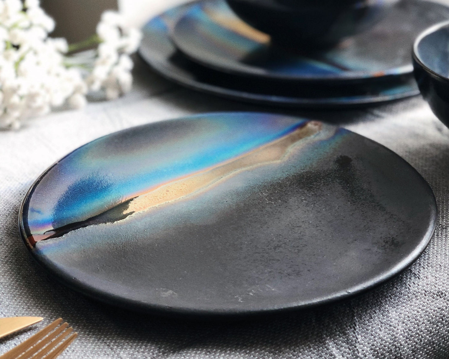 Black Salad/Dessert Plate with shades of Blue & Gold Metallic Luster Stripe - Artistic Handmade Reduction Firing Ceramic/Pottery Dinnerware