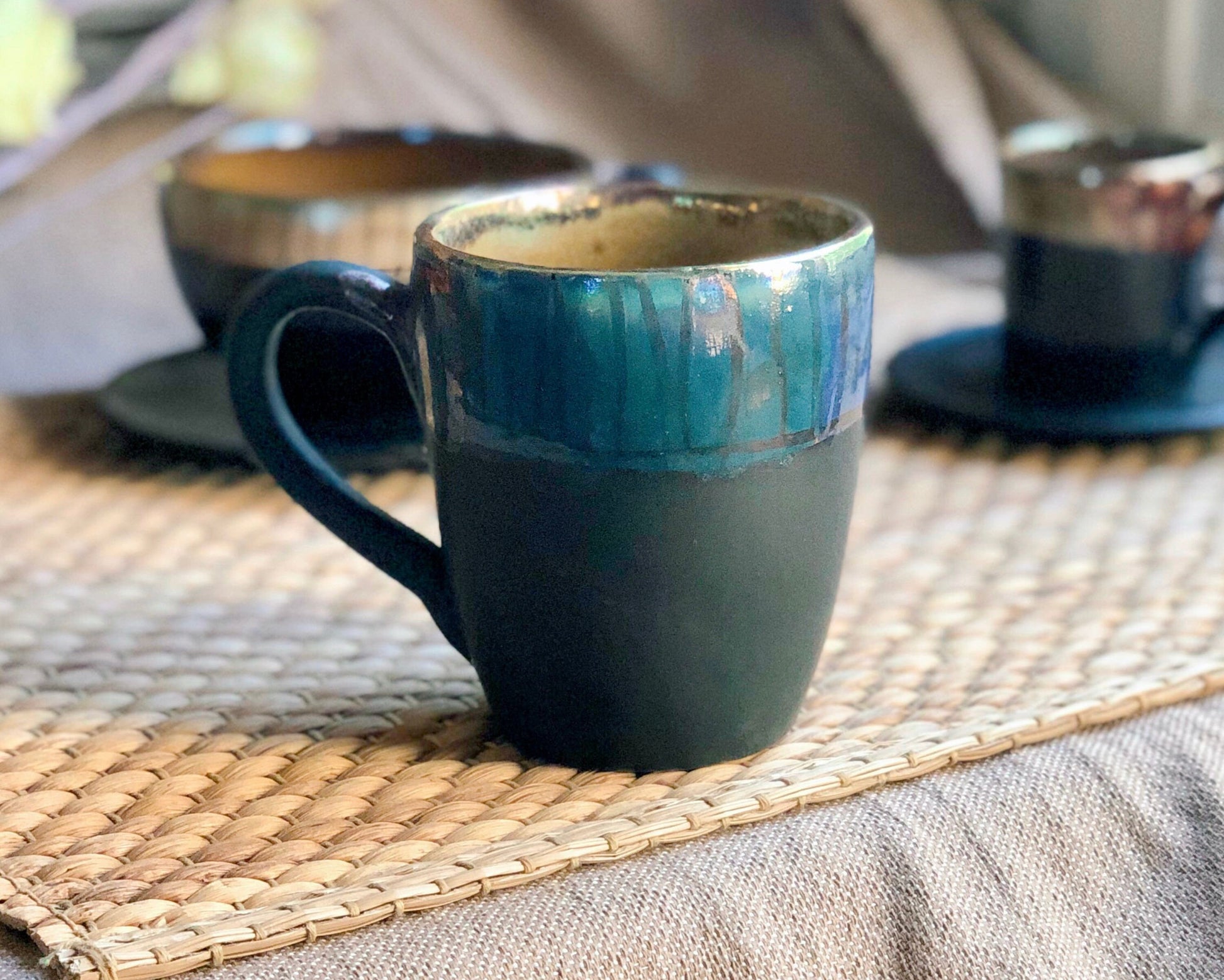 Black Art Mug | with Multi-Colored Rim & Metallic Highlights | Artisanal Handmade Pottery Set | For Coffee, Cappuccino, Latte | Holiday Gift