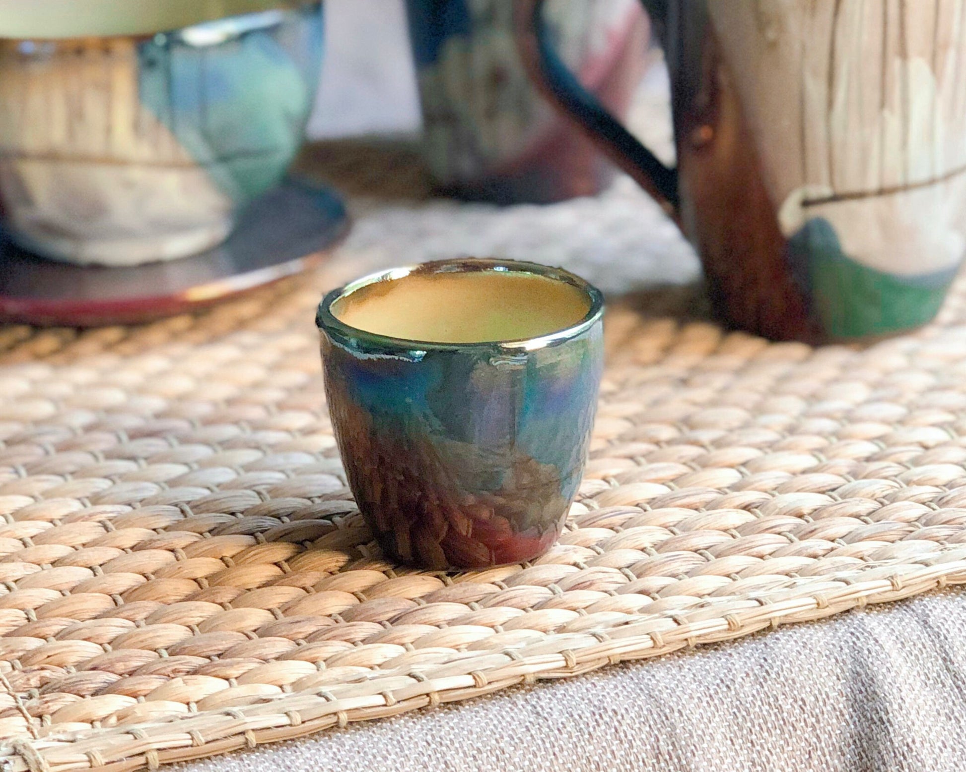 Artistic Espresso Cup Set | with Multi-Colored Glazing & Metallic Highlights | Abstract Art Handmade Ceramic Pottery Coffee Cup Set