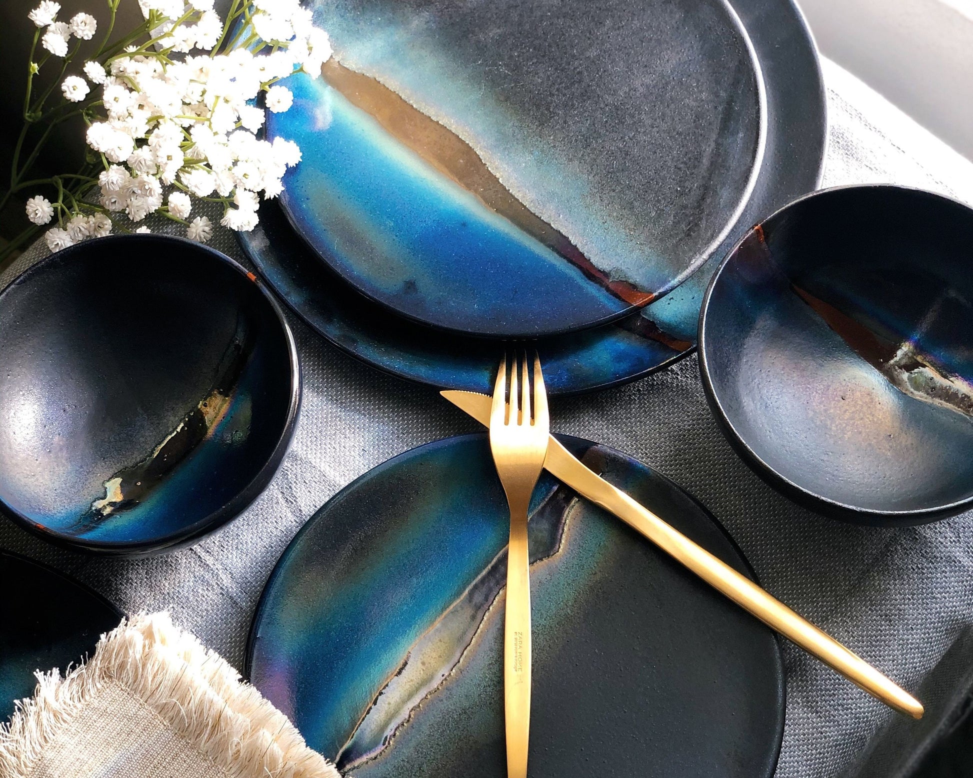 Black Plates & Bowls Sets with Blue Infusions, and Gold Metallic Luster Stripe - Artistic Handmade Crockery Dinnerware Dishware