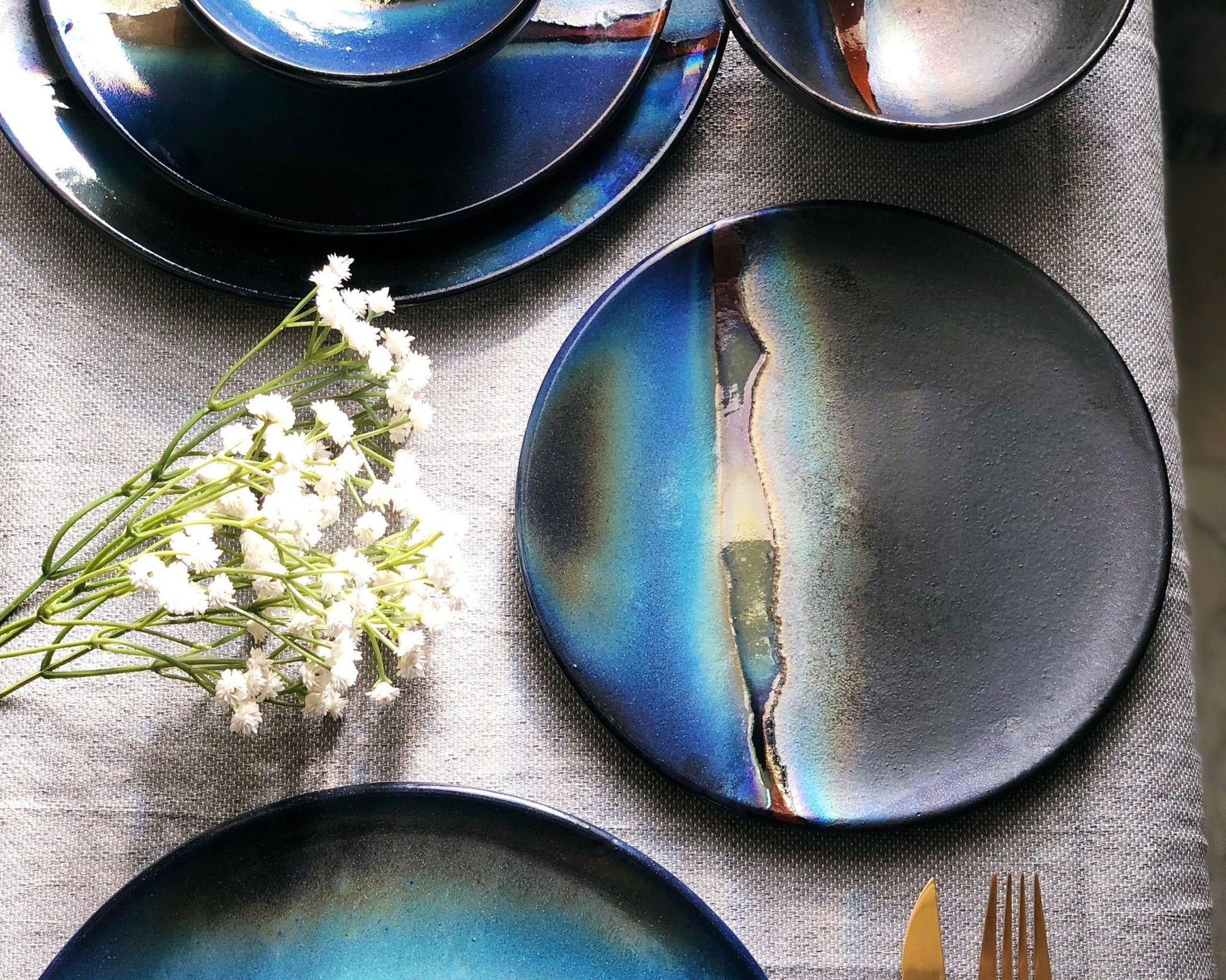 Black Plates & Bowls Sets with Blue Infusions, and Gold Metallic Luster Stripe - Artistic Handmade Crockery Dinnerware Dishware