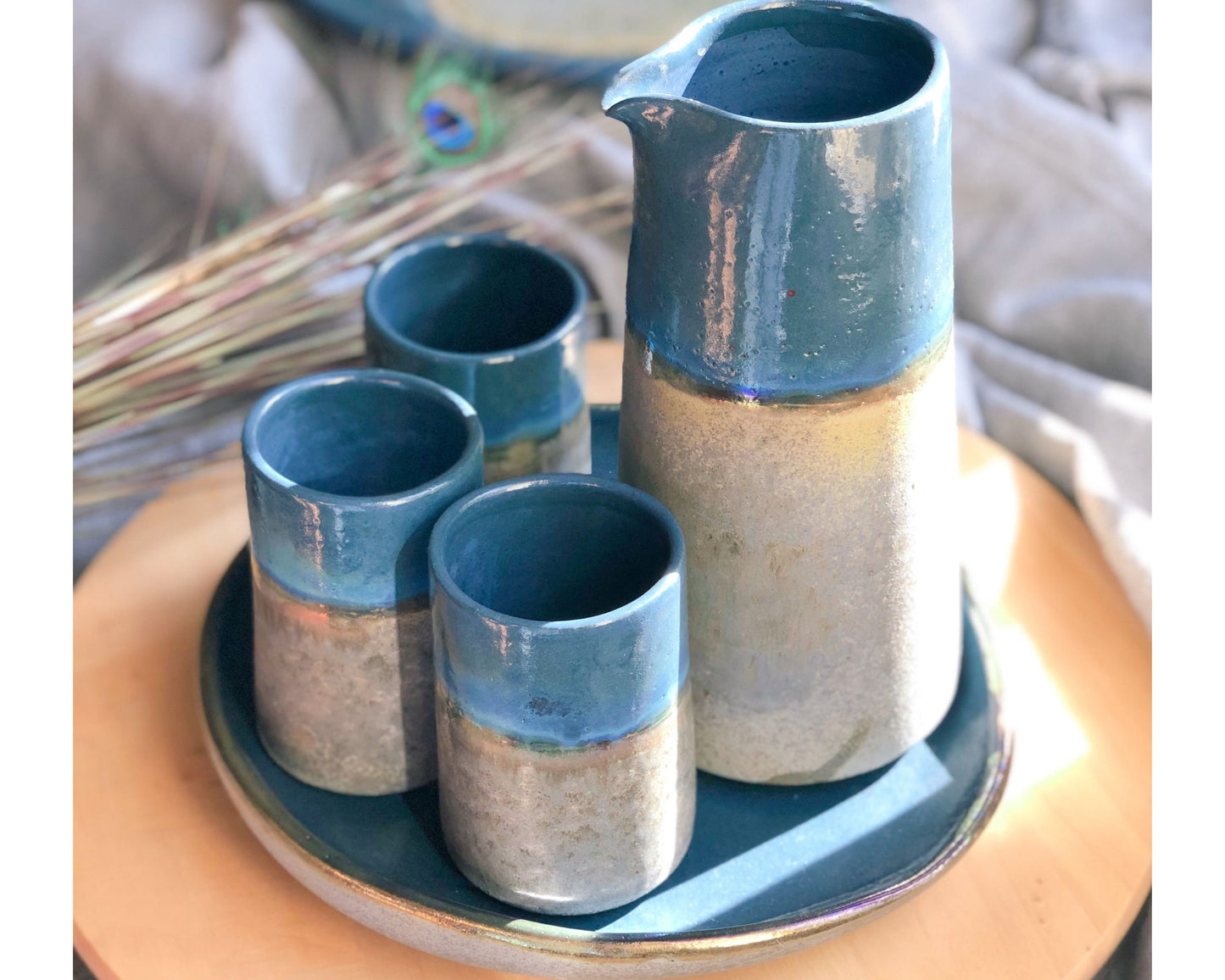 Peacock Blue & Rustic Green Drink Set with Gold Metallic Luster Details and Glazing - Artistic Reduction Firing Cups