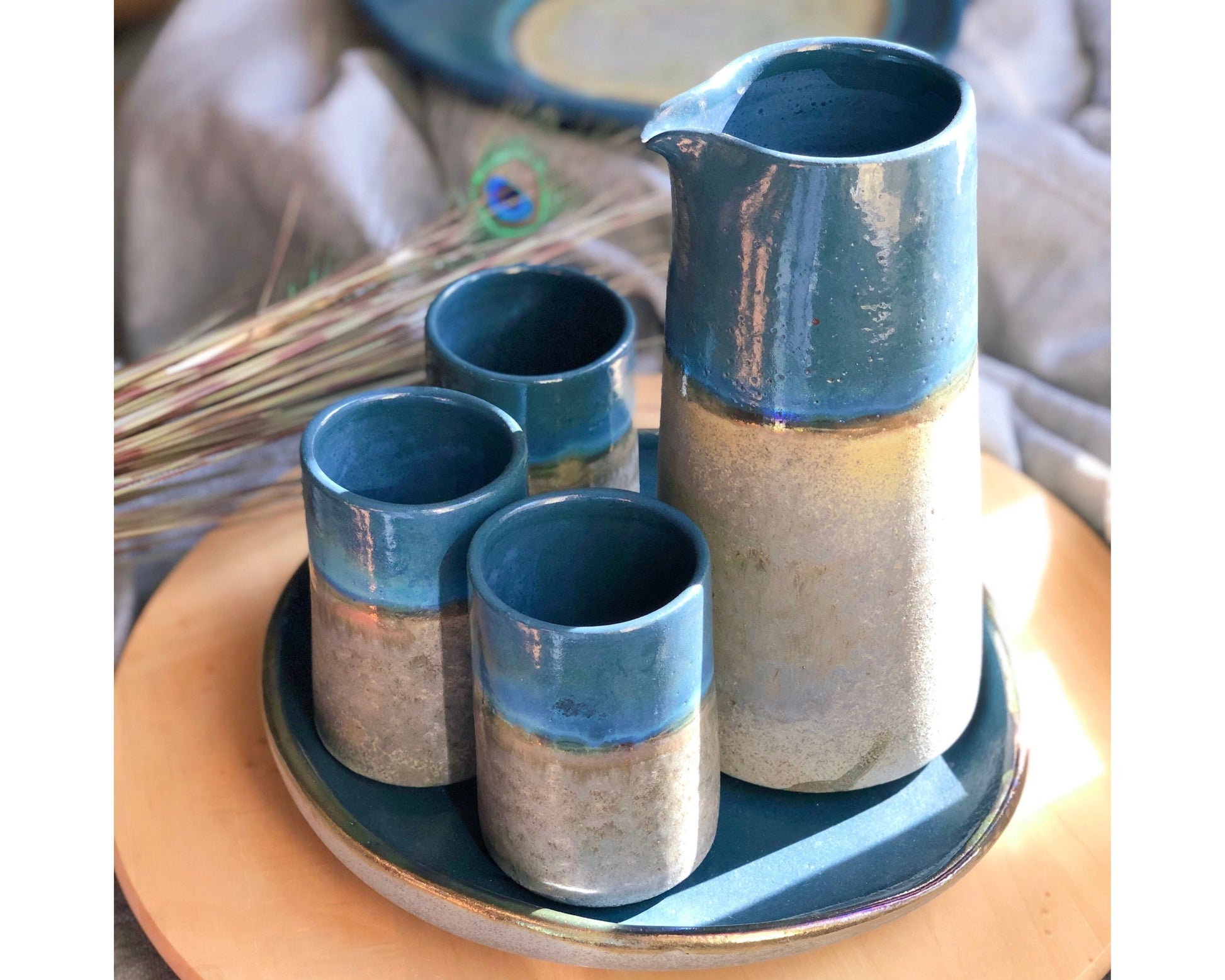 Peacock Blue & Rustic Green Drink Set with Gold Metallic Luster Details and Glazing - Artistic Reduction Firing Cups