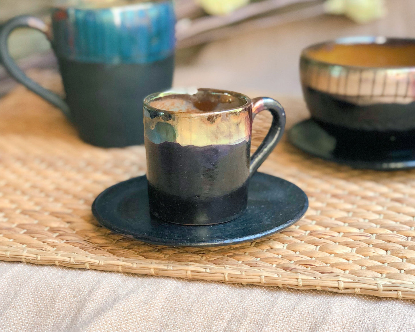 Black Cup & Saucer Set | for Espresso, or Arabic/Turkish Coffee | with Multi-Color Rim featuring Abstract Art and Metallic Highlights