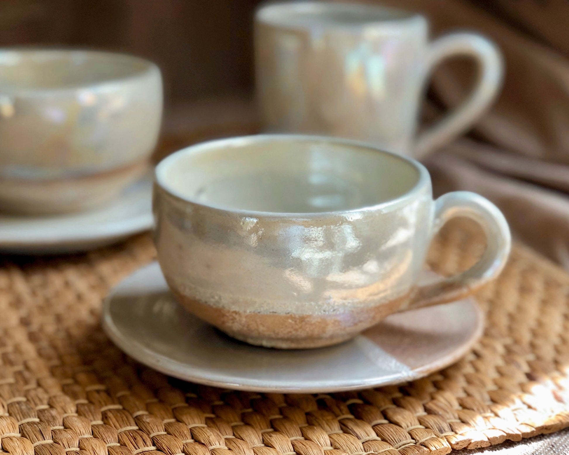 Beige Cup & Saucer Set | Cream, Pearly Iridescent and Rustic Glazing | Cappuccino/Lattee/Coffee Cup