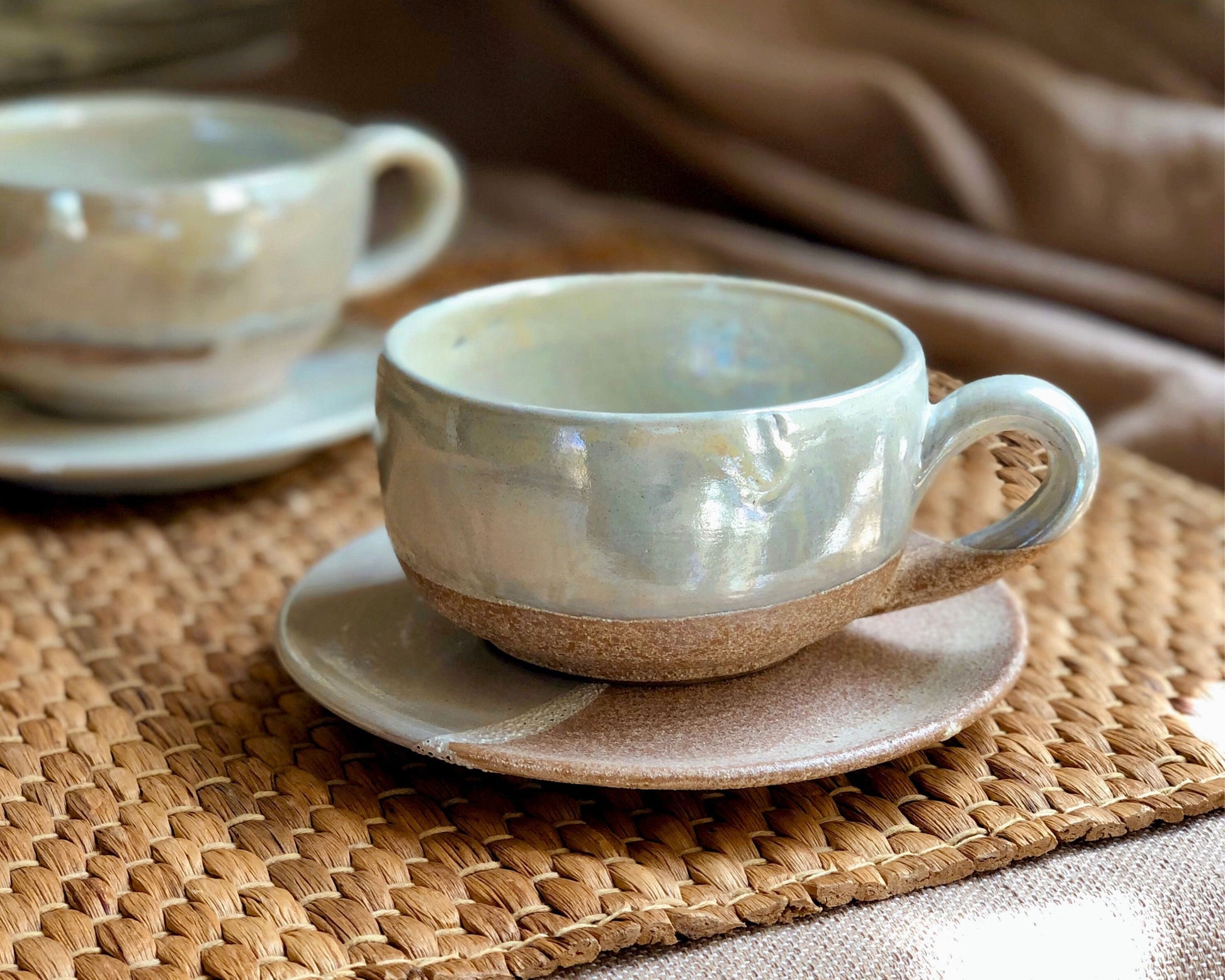 Beige Cup & Saucer Set | Cream, Pearly Iridescent and Rustic Glazing | Cappuccino/Lattee/Coffee Cup