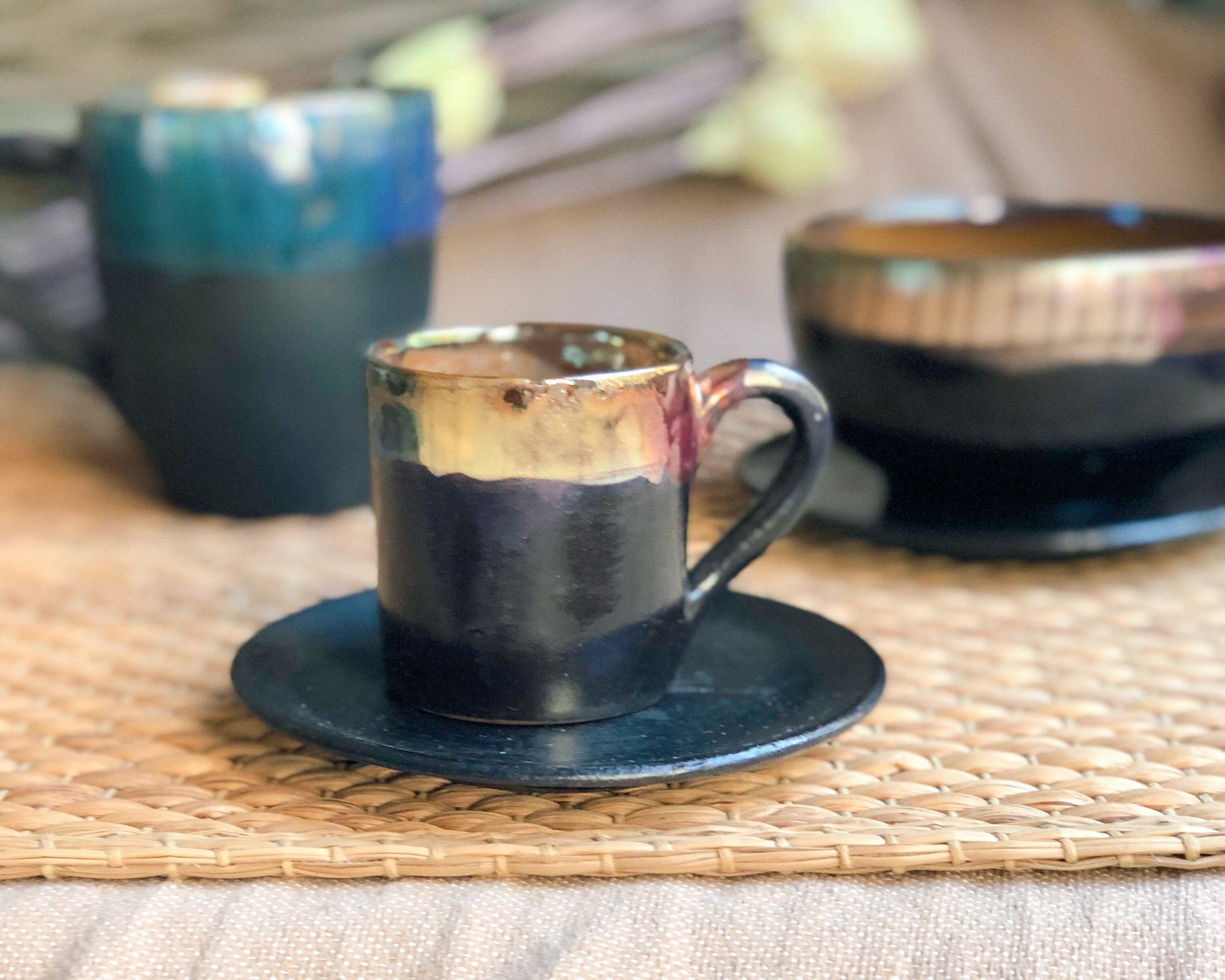 Black Cup & Saucer Set | for Espresso, or Arabic/Turkish Coffee | with Multi-Color Rim featuring Abstract Art and Metallic Highlights