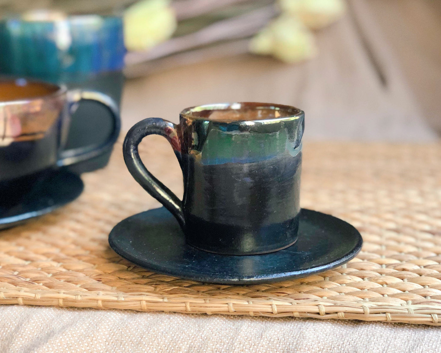 Black Cup & Saucer Set | for Espresso, or Arabic/Turkish Coffee | with Multi-Color Rim featuring Abstract Art and Metallic Highlights