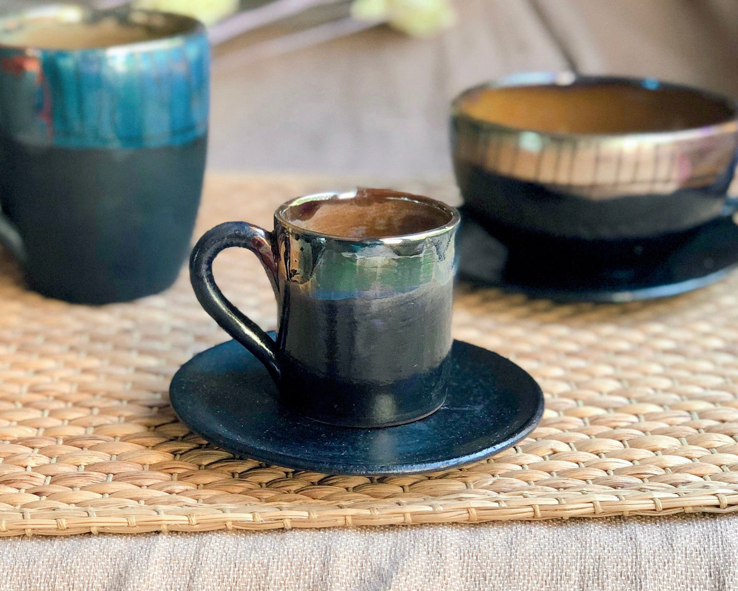 Black Cup & Saucer Set | for Espresso, or Arabic/Turkish Coffee | with Multi-Color Rim featuring Abstract Art and Metallic Highlights