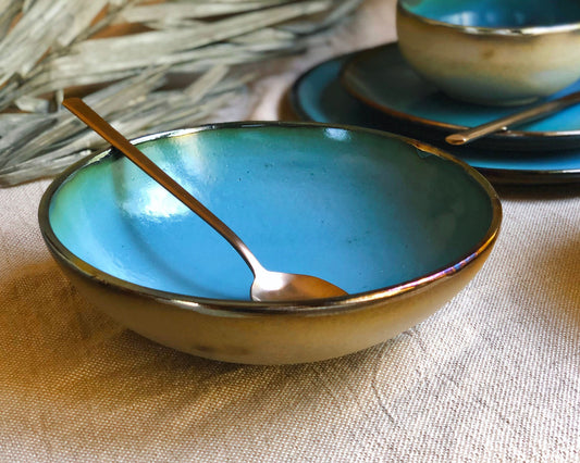 Peacock Blue Pasta Bowls Set | Metallic Gold Rim & Matt Rustic Green Exterior | Elegant Artistic Handmade Ceramic Dinnerware
