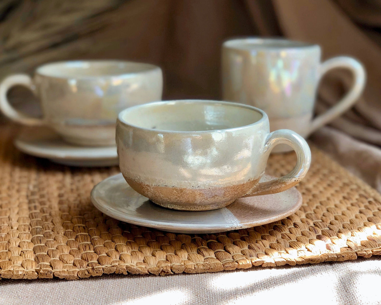 Beige Cup & Saucer Set | Cream, Pearly Iridescent and Rustic Glazing | Cappuccino/Lattee/Coffee Cup